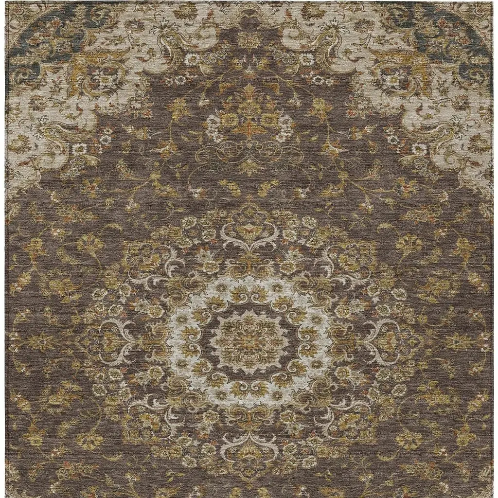 10' X 14' Chocolate And Brown Floral Medallion Washable Indoor Outdoor Area Rug Homeroots Outdoor