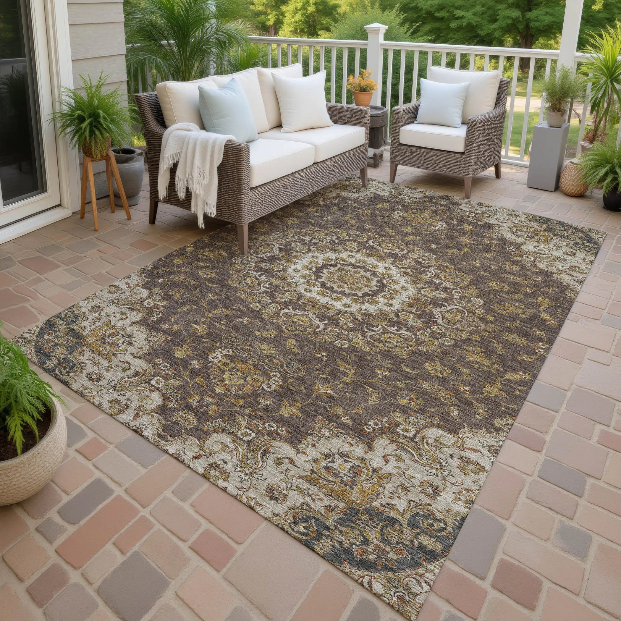 10' X 14' Chocolate And Brown Floral Medallion Washable Indoor Outdoor Area Rug Homeroots Outdoor