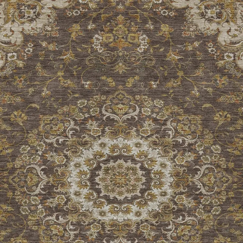 10' X 14' Chocolate And Brown Floral Medallion Washable Indoor Outdoor Area Rug Homeroots Outdoor
