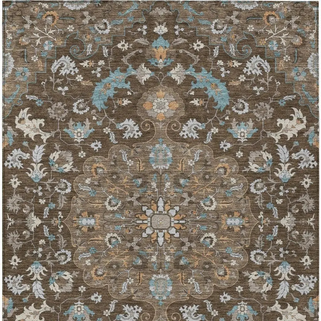10' X 14' Chocolate And Brown Floral Medallion Washable Indoor Outdoor Area Rug Homeroots Outdoor