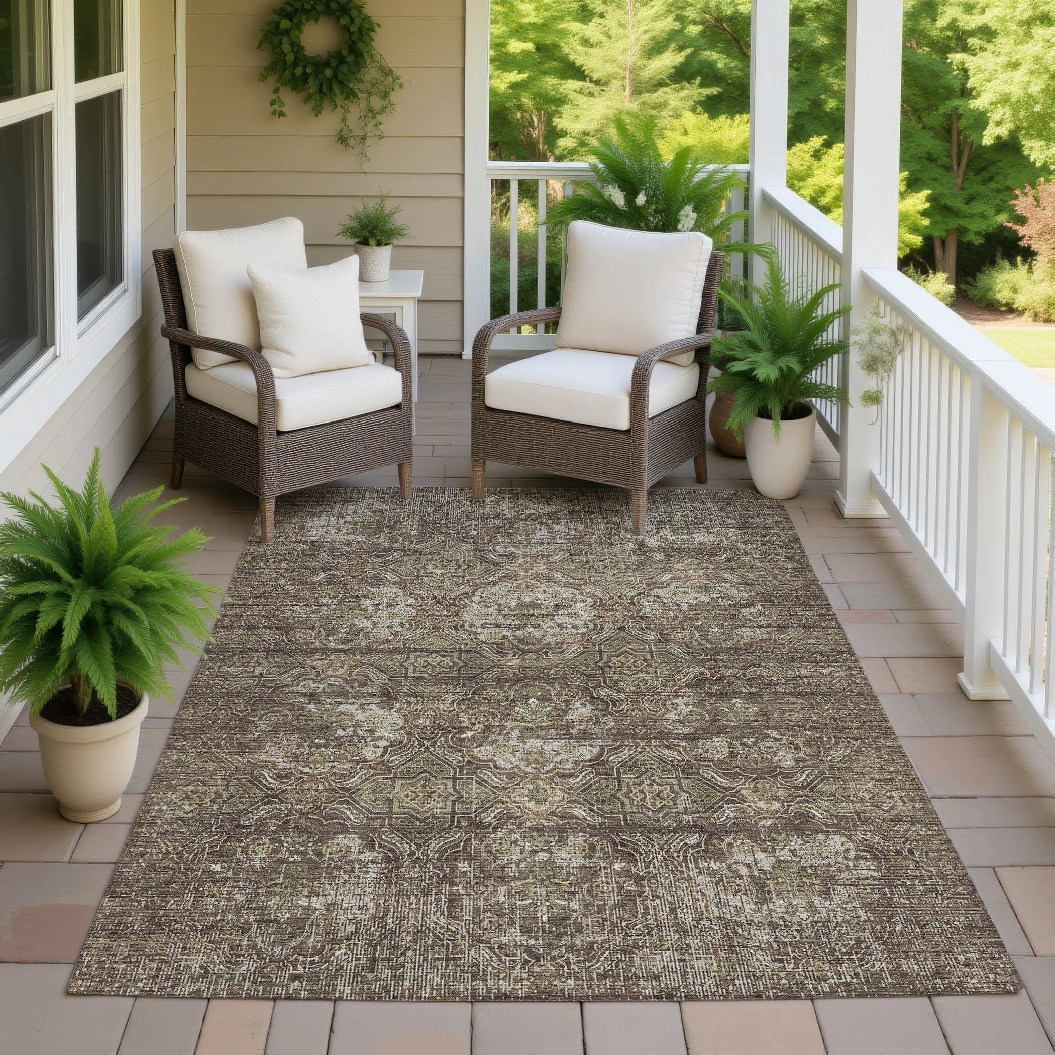 10' X 14' Chocolate And Brown Floral Washable Indoor Outdoor Area Rug Homeroots Outdoor