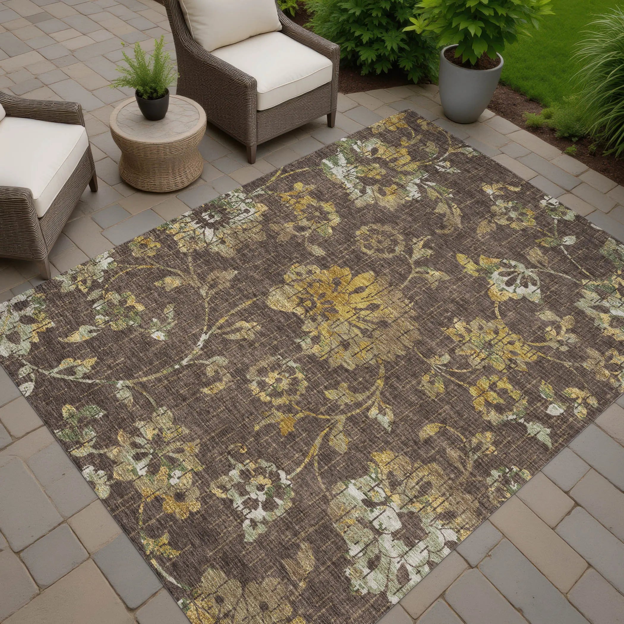 10' X 14' Chocolate And Brown Floral Washable Indoor Outdoor Area Rug Homeroots Outdoor