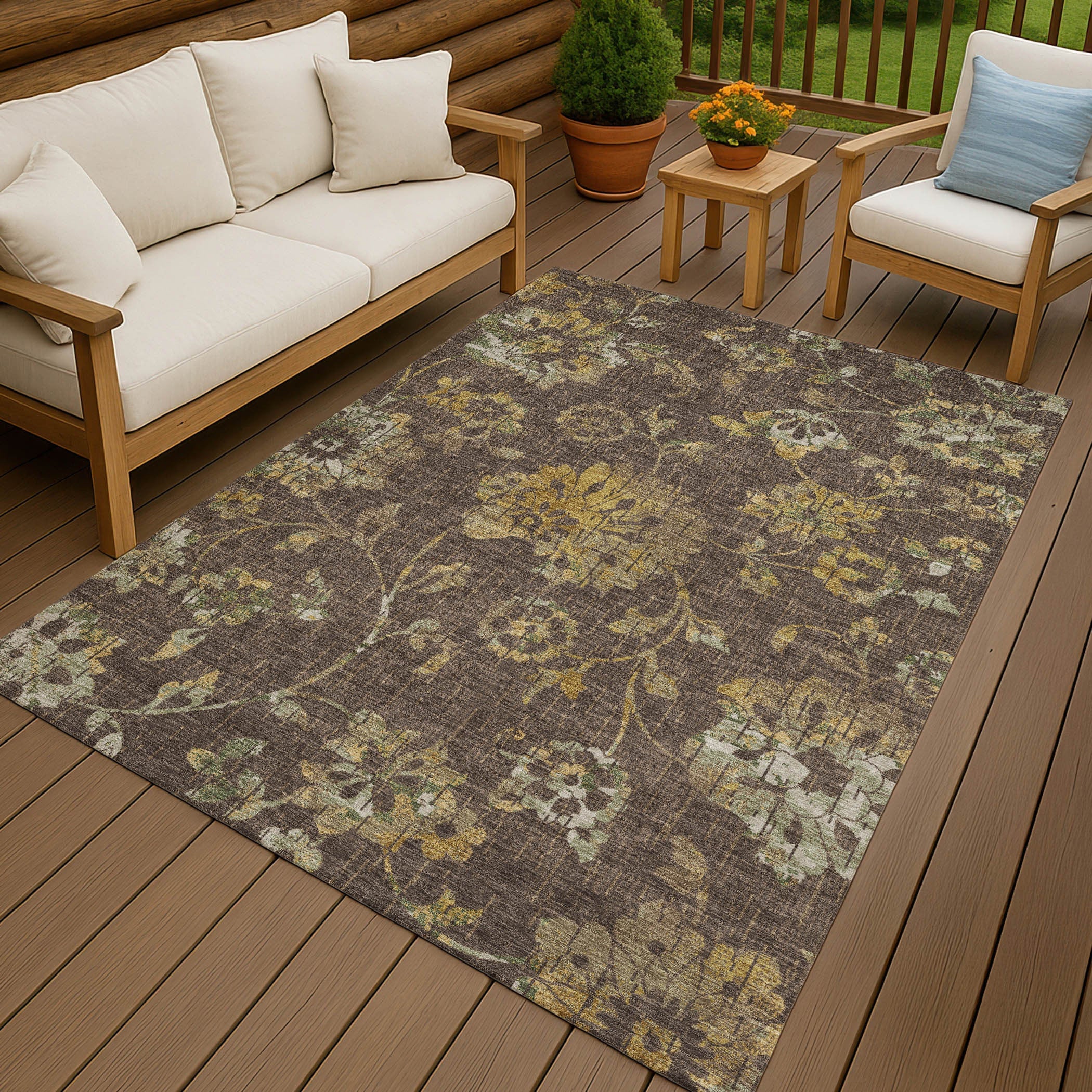 10' X 14' Chocolate And Brown Floral Washable Indoor Outdoor Area Rug Homeroots Outdoor
