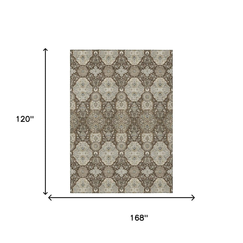 10' X 14' Chocolate And Brown Floral Washable Indoor Outdoor Area Rug Homeroots Outdoor