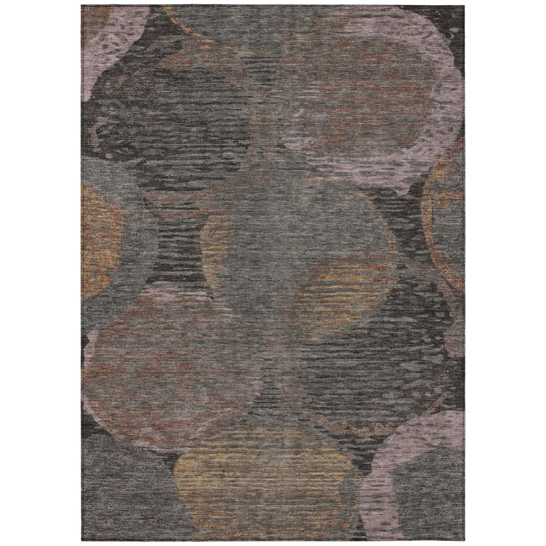 Multicolor abstract area rug in grey, pink, and gold hues, featuring circular patterns and a textured surface.
