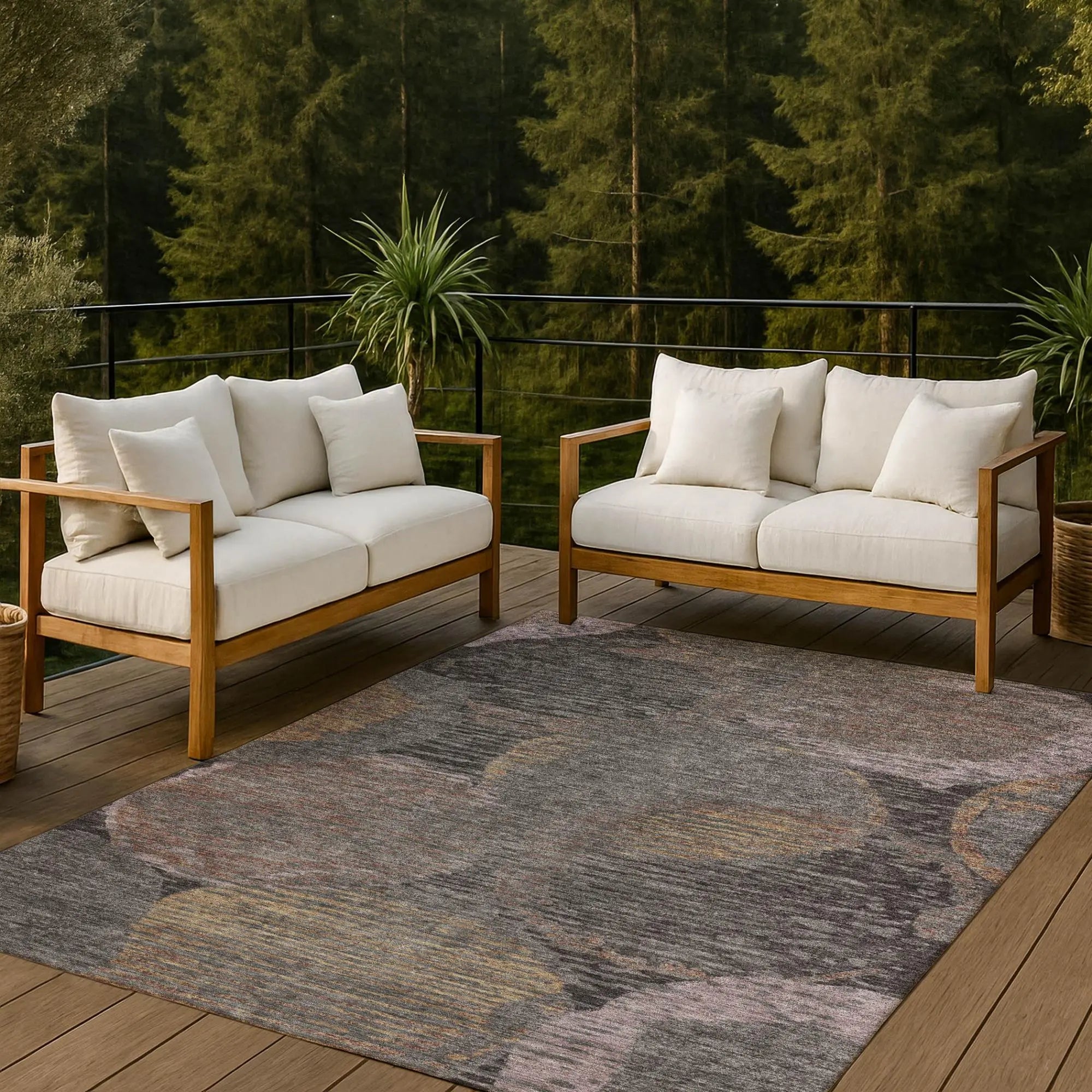 Beige outdoor sofa set with natural wood frame and plush cushions, paired with a colorful abstract patterned rug.