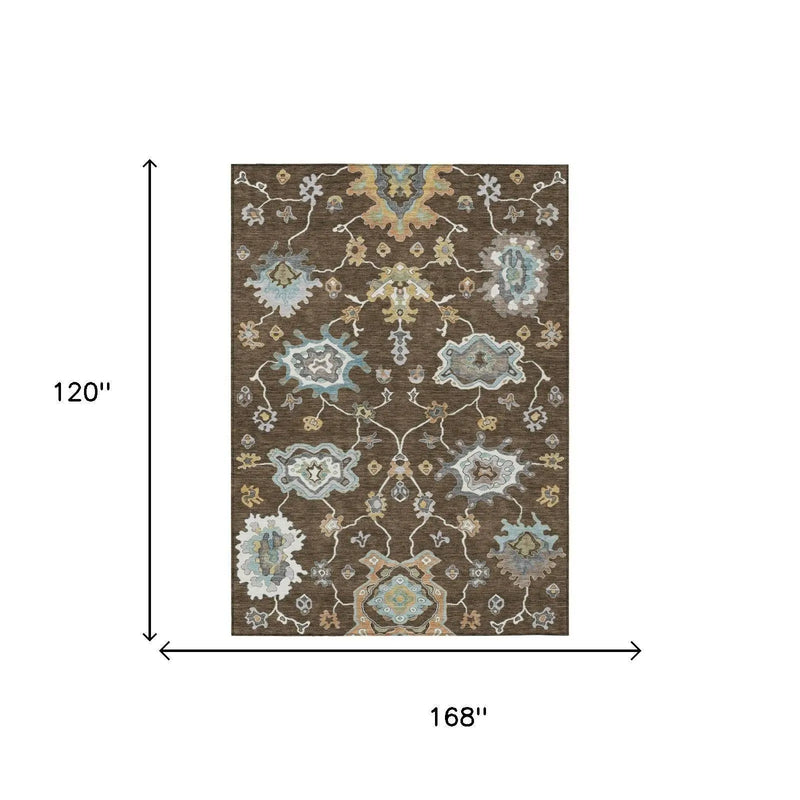 10' X 14' Chocolate And Brown Oriental Washable Indoor Outdoor Area Rug Homeroots Outdoor