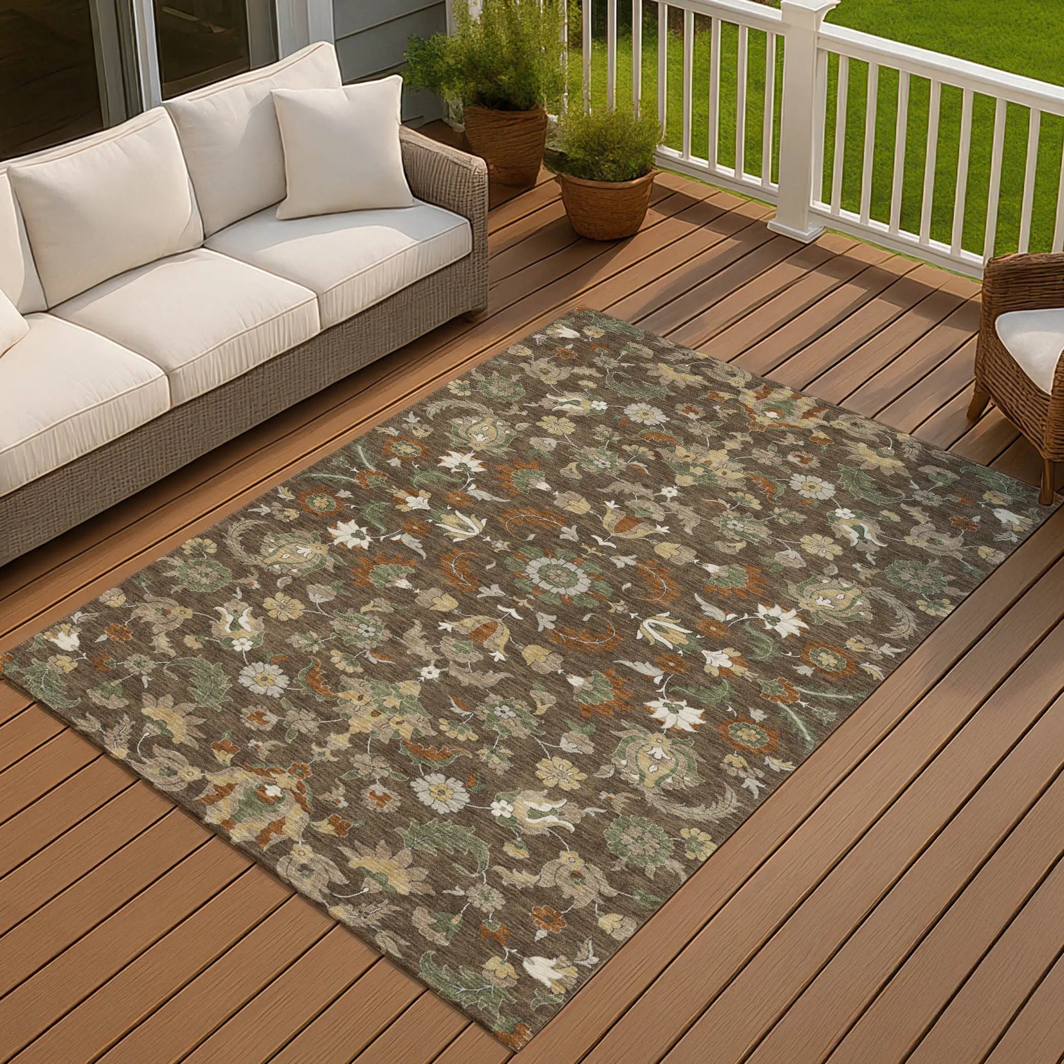 10' X 14' Chocolate And Charcoal Floral Medallion Washable Indoor Outdoor Area Rug Homeroots Outdoor