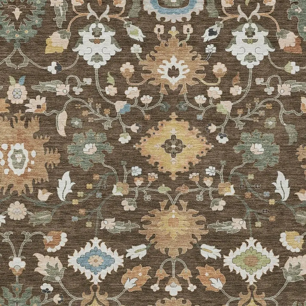 10' X 14' Chocolate And Copper Floral Medallion Washable Indoor Outdoor Area Rug Homeroots Outdoor