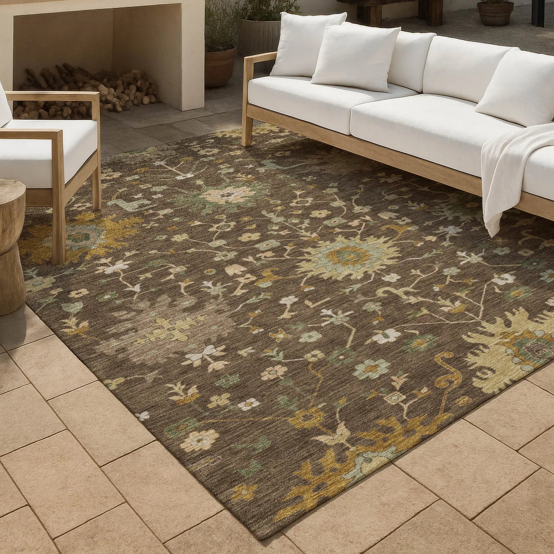 10' X 14' Chocolate And Olive Green Faux Bois Washable Indoor Outdoor Area Rug Homeroots Outdoor