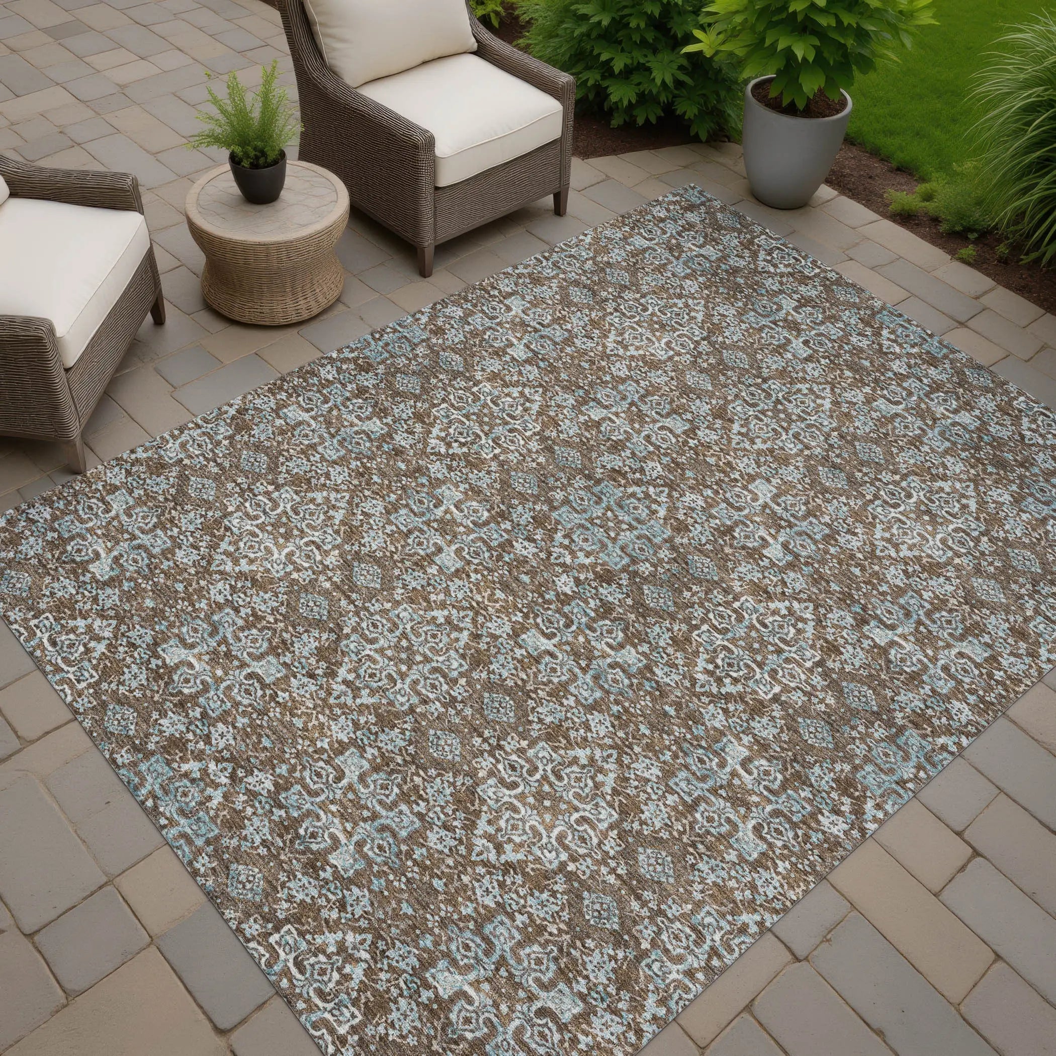 10' X 14' Chocolate And Pearl Oriental Washable Indoor Outdoor Area Rug Homeroots Outdoor