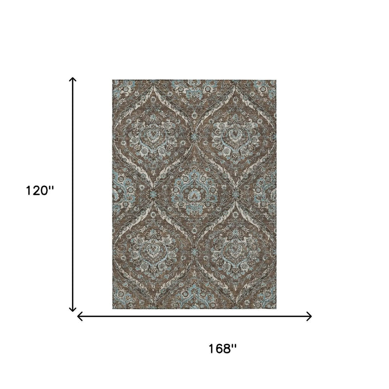 10' X 14' Chocolate And Silver Floral Washable Indoor Outdoor Area Rug Homeroots Outdoor
