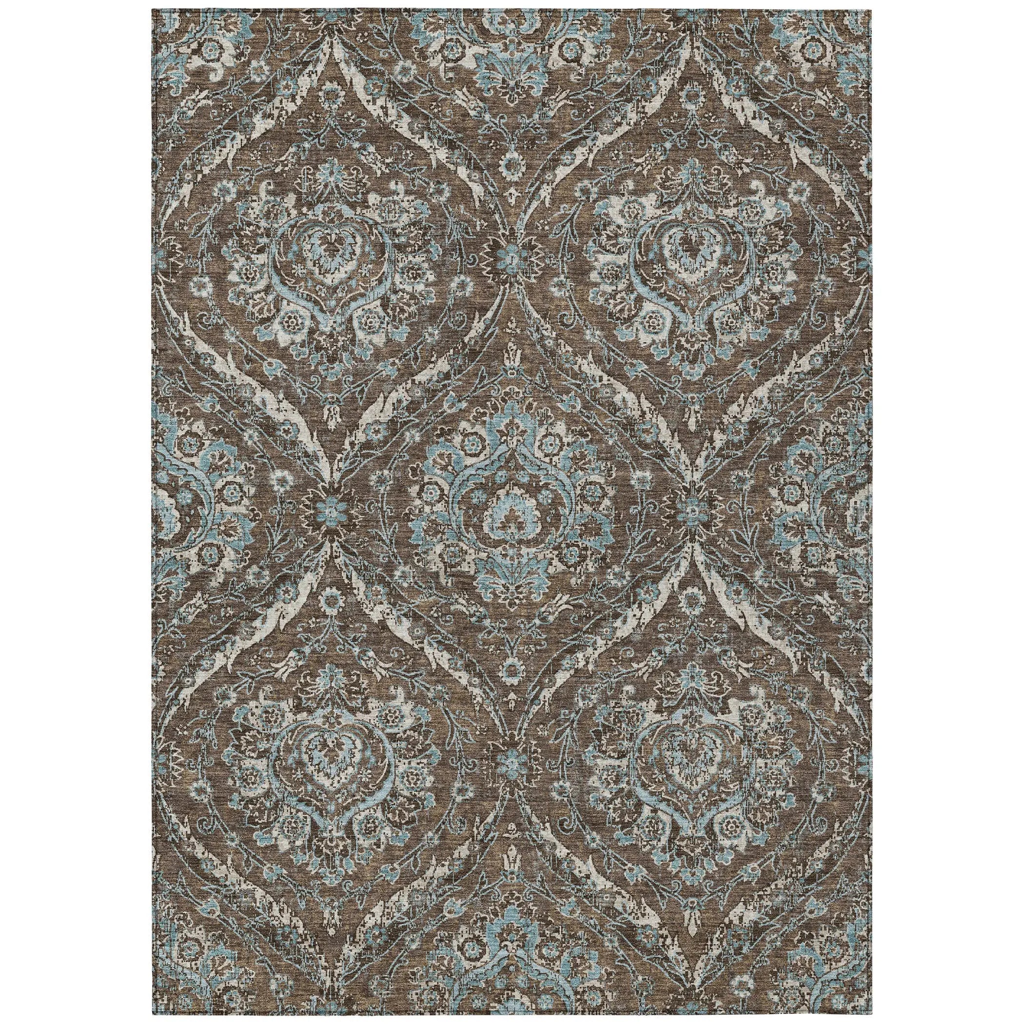 10' X 14' Chocolate And Silver Floral Washable Indoor Outdoor Area Rug Homeroots Outdoor
