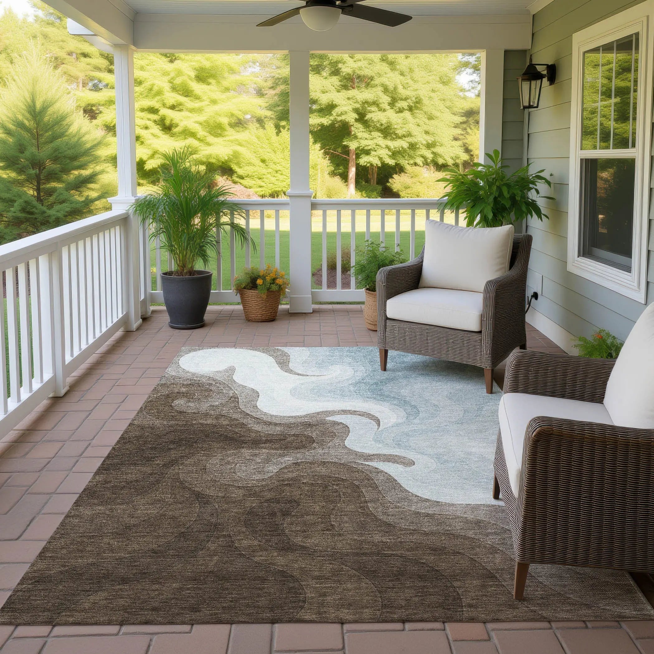 10' X 14' Chocolate And Sky Blue Abstract Washable Indoor Outdoor Area Rug Homeroots Outdoor