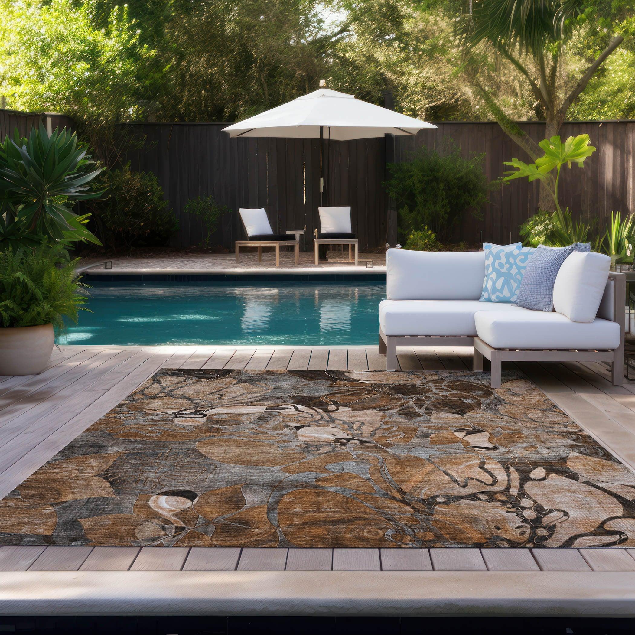 10' X 14' Chocolate Terracotta and Ivory Abstract Washable Indoor Outdoor Area Rug - GreatEagleInc