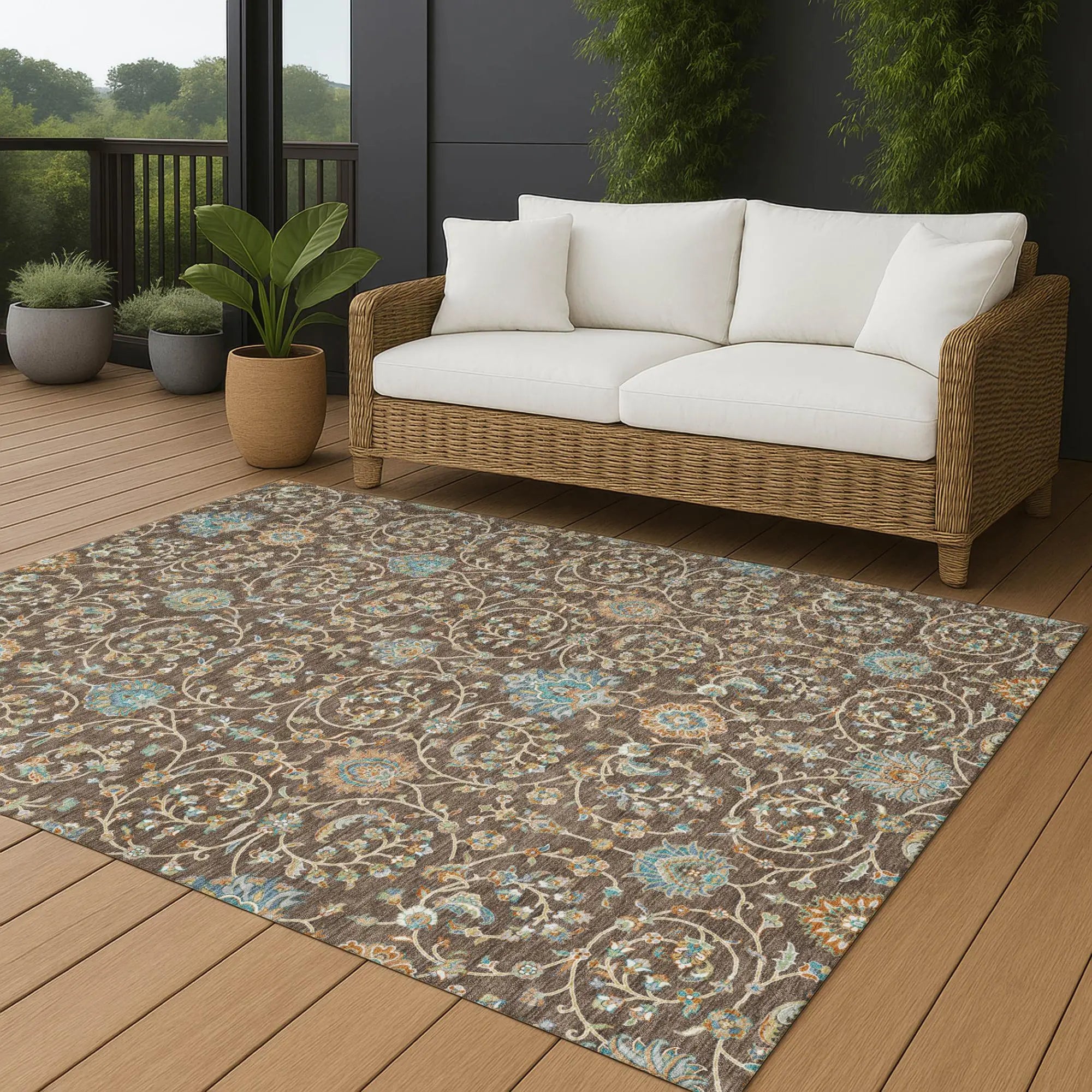 10' X 14' Coffee And Brown Floral Washable Indoor Outdoor Area Rug Homeroots Outdoor