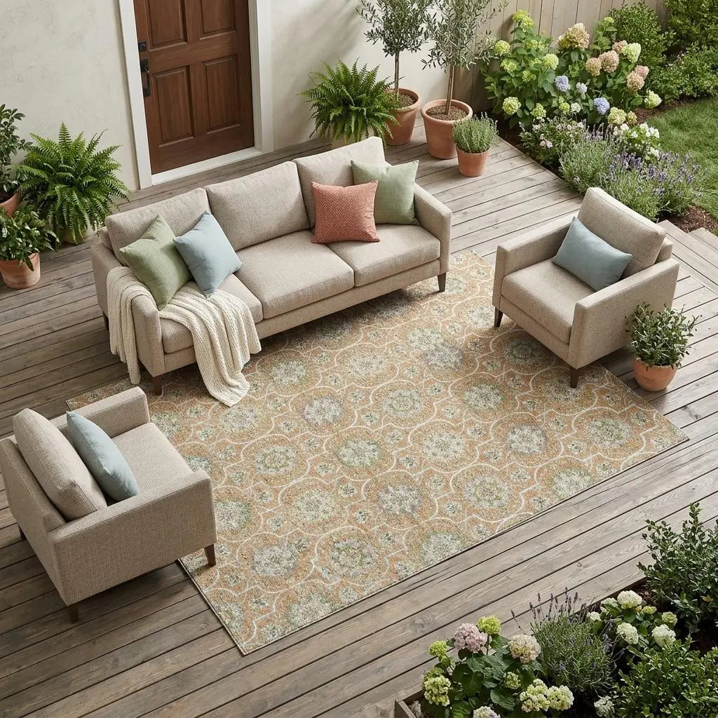 10' X 14' Copper And Beige Floral Medallion Washable Indoor Outdoor Area Rug Homeroots Outdoor