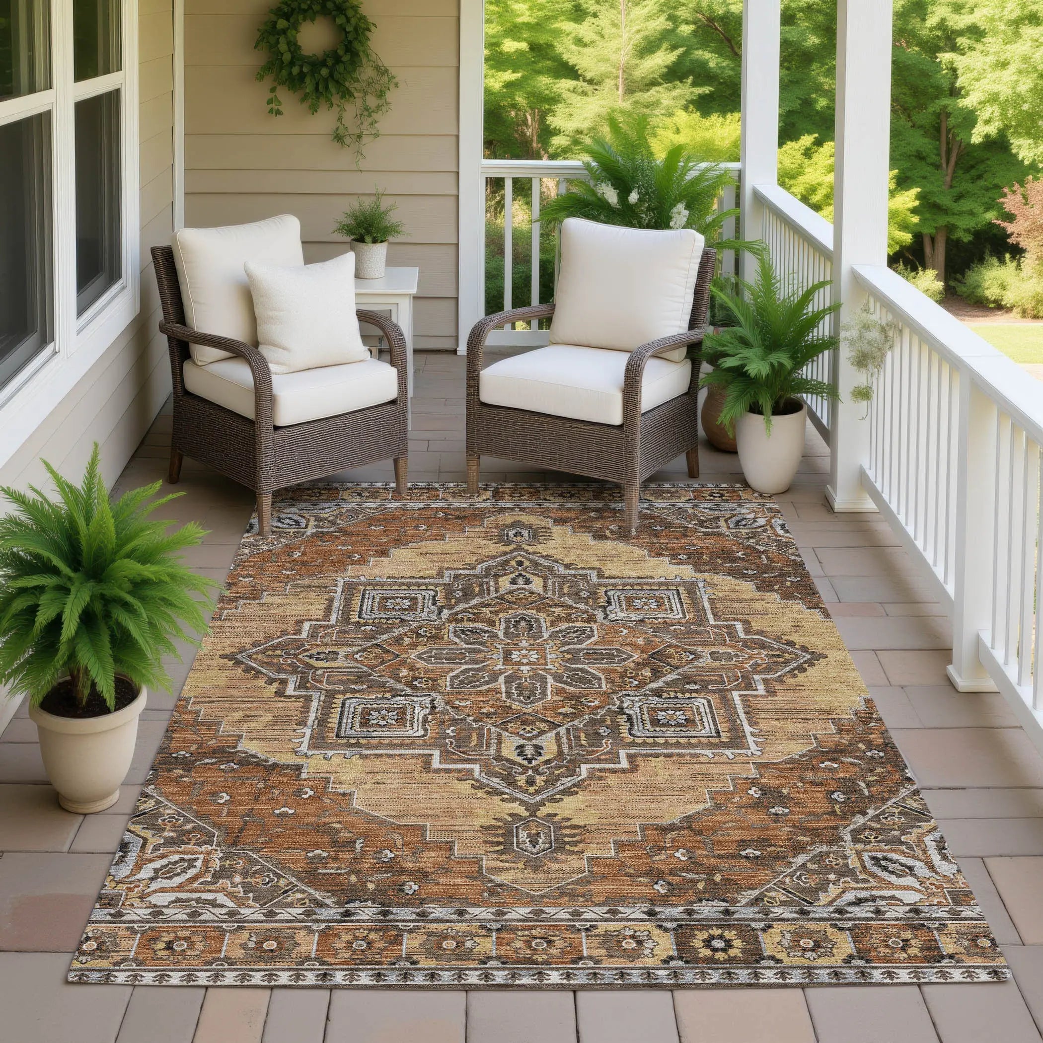 10' X 14' Copper And Beige Oriental Washable Indoor Outdoor Area Rug Homeroots Outdoor