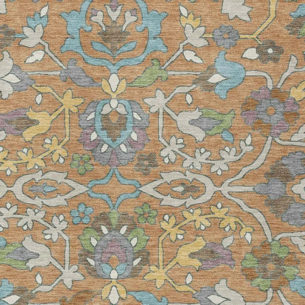 10' X 14' Copper And Blue Floral Washable Indoor Outdoor Area Rug Homeroots Outdoor