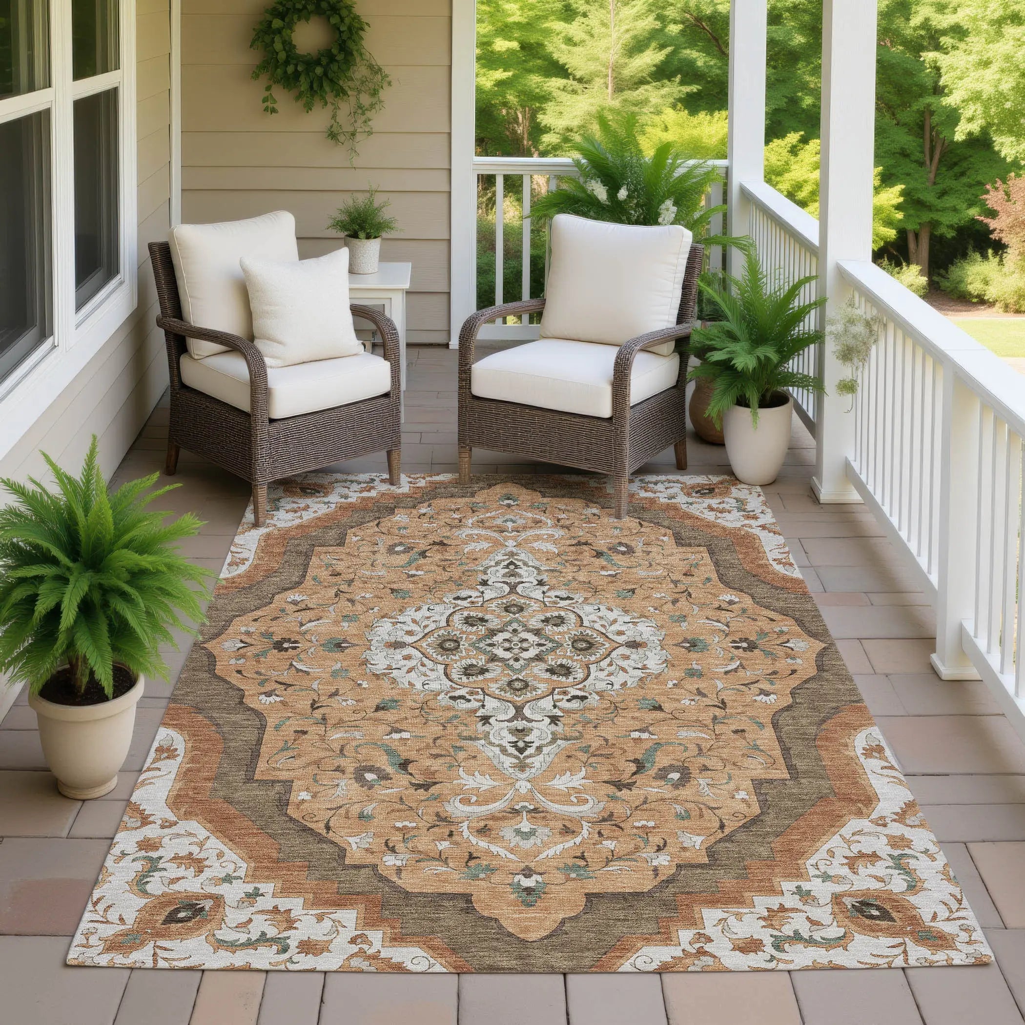 10' X 14' Copper And Blue Medallion Washable Indoor Outdoor Area Rug Homeroots Outdoor