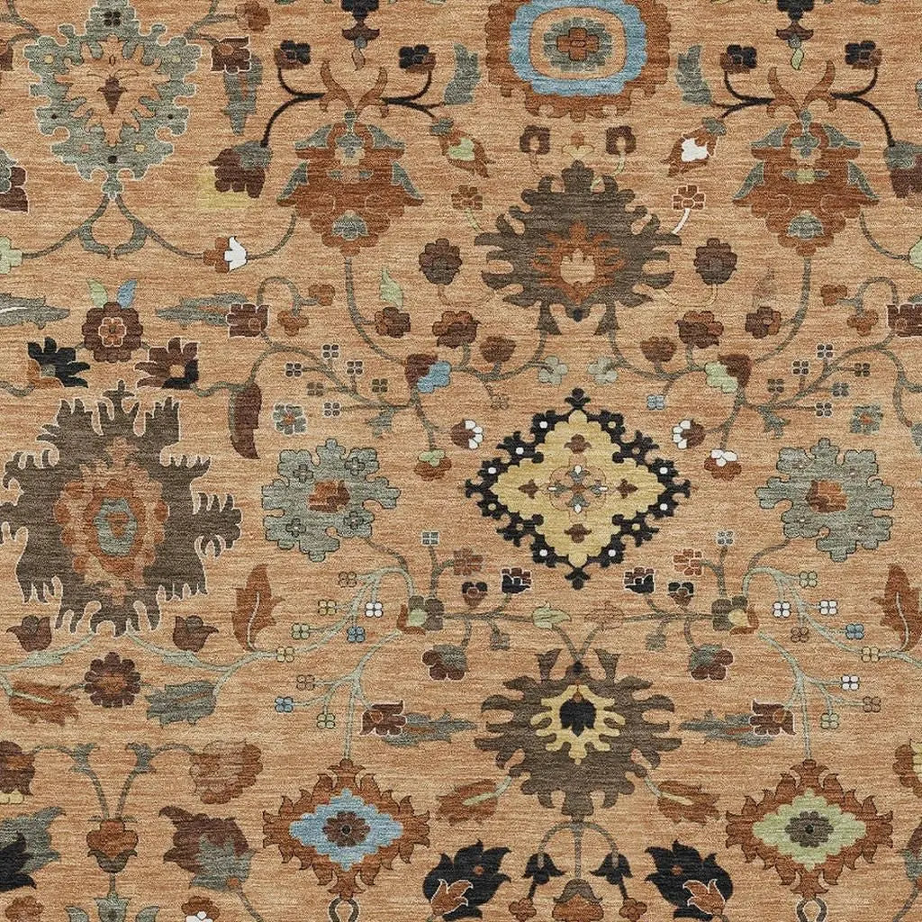10' X 14' Copper And Brown Floral Medallion Washable Indoor Outdoor Area Rug Homeroots Outdoor