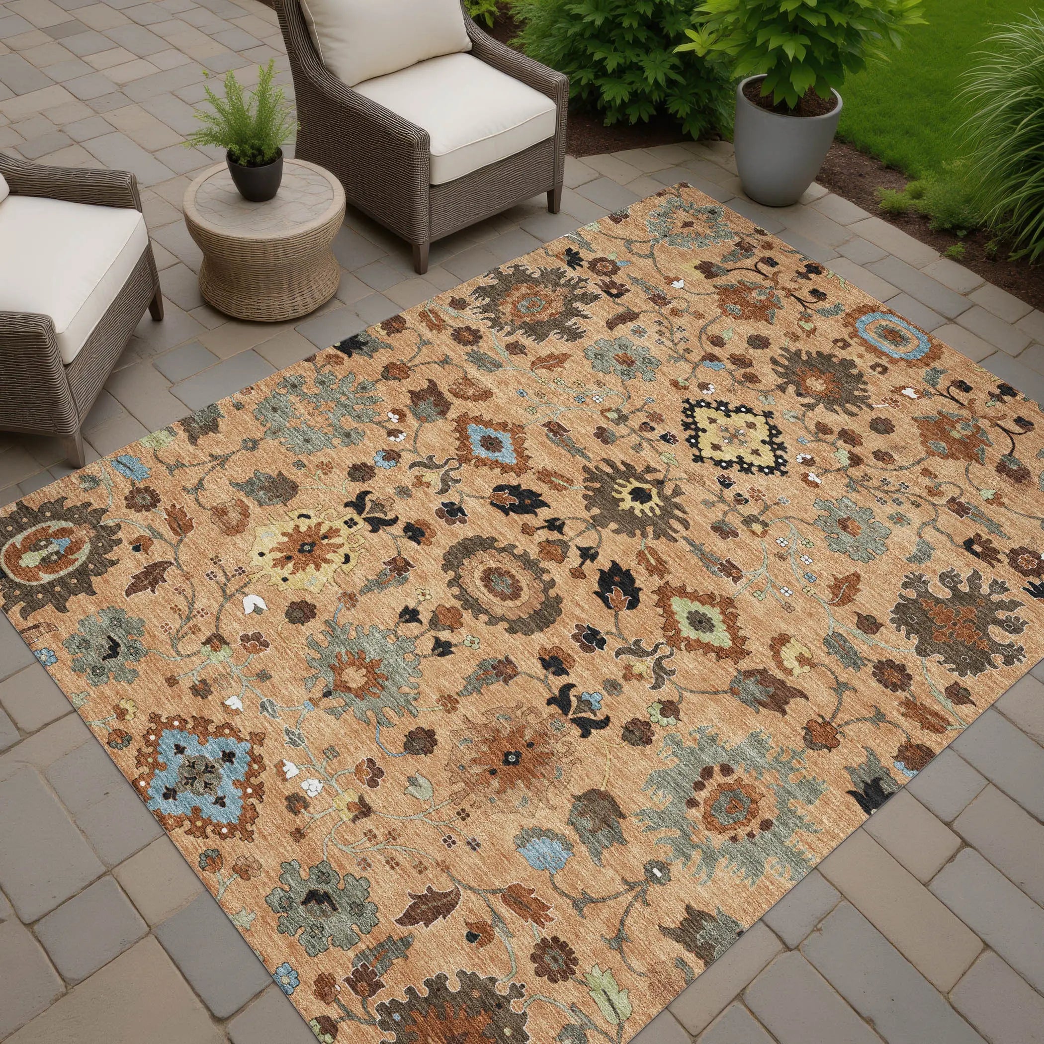 10' X 14' Copper And Brown Floral Medallion Washable Indoor Outdoor Area Rug Homeroots Outdoor