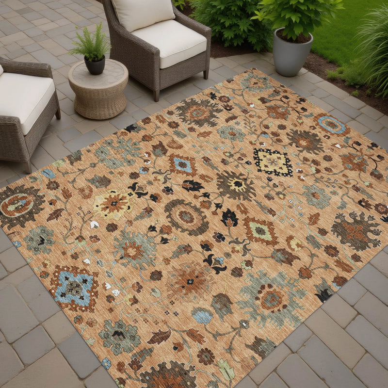 10' X 14' Copper And Brown Floral Medallion Washable Indoor Outdoor Area Rug Homeroots Outdoor
