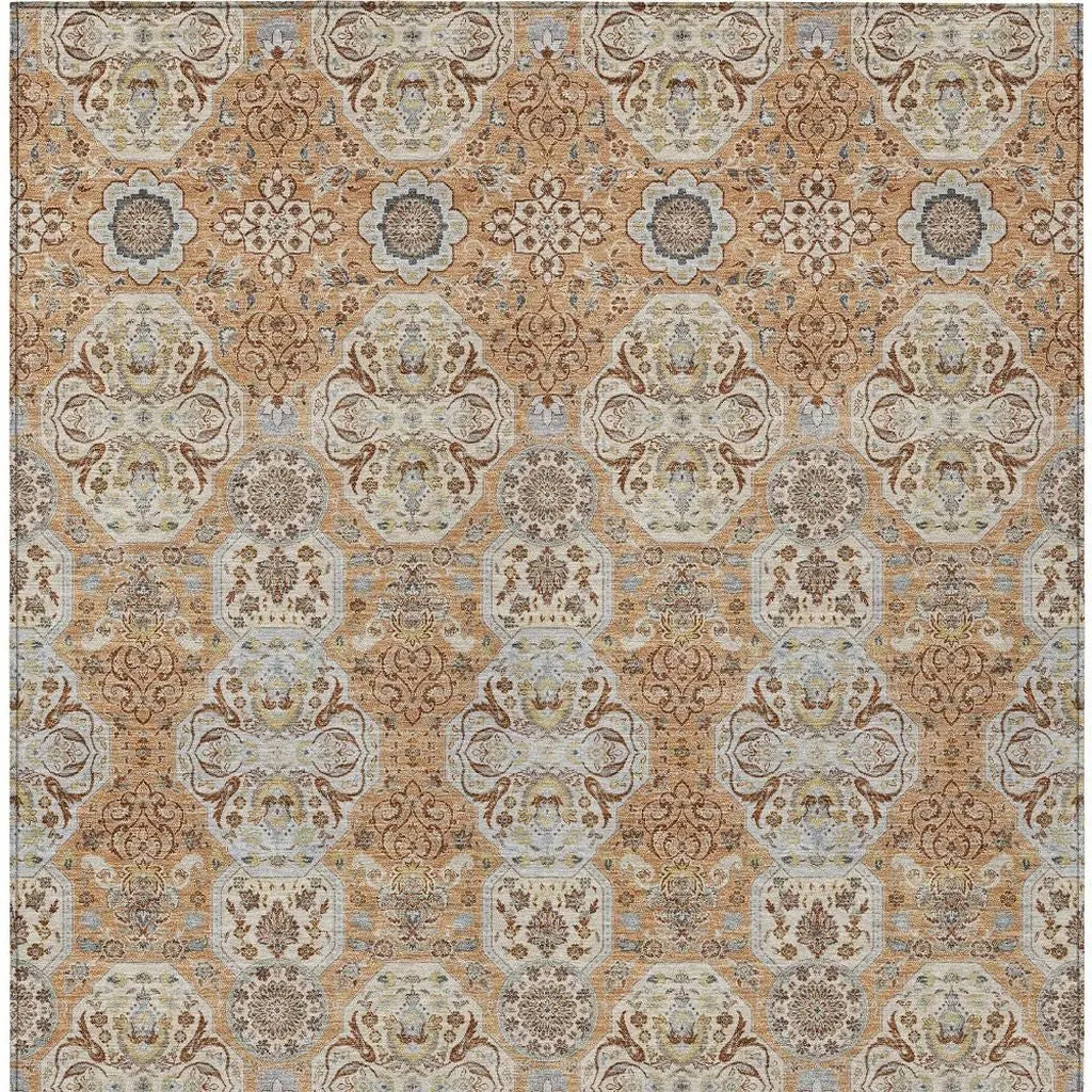 10' X 14' Copper And Gold Floral Washable Indoor Outdoor Area Rug Homeroots Outdoor