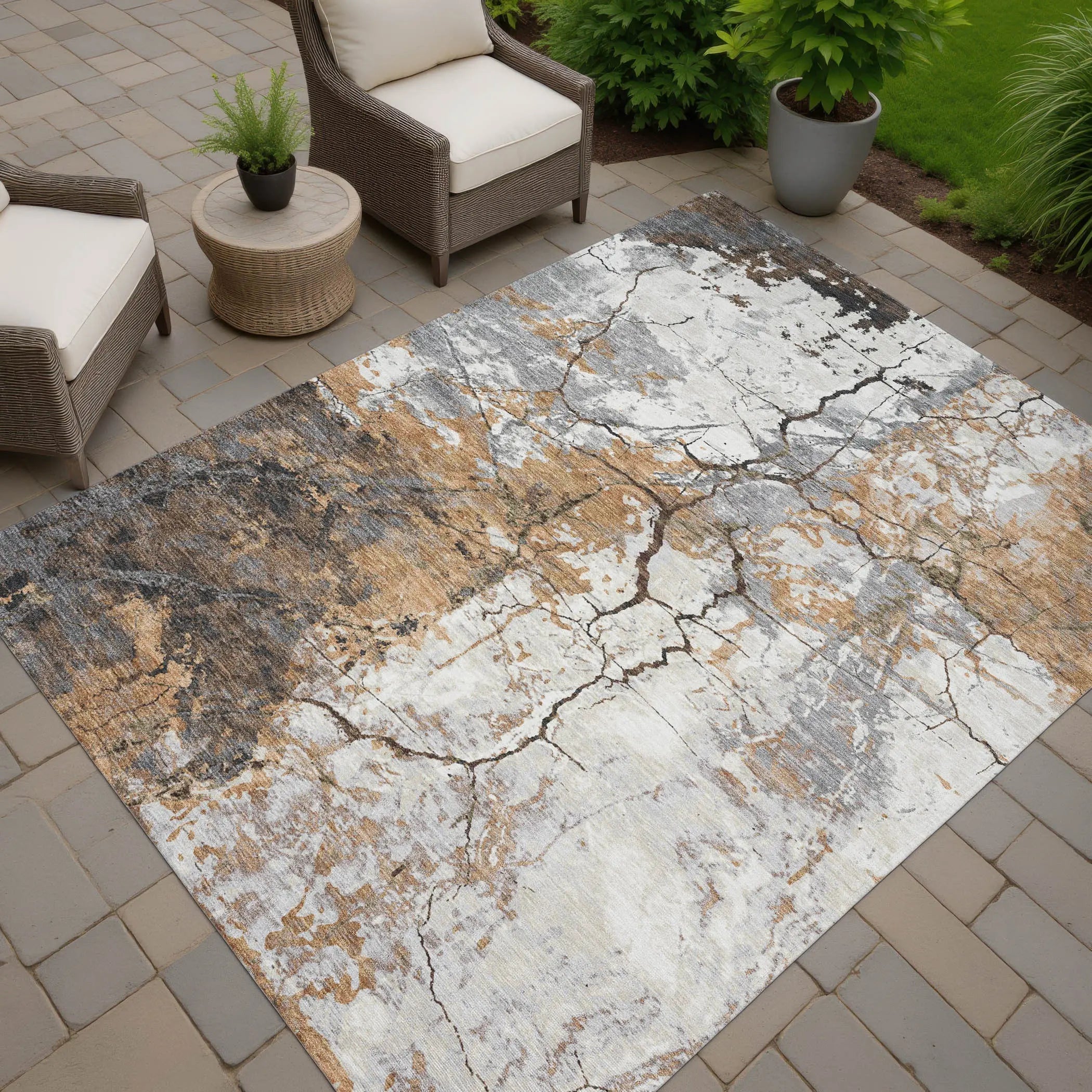 10' X 14' Copper And Ivory Abstract Washable Indoor Outdoor Area Rug Homeroots Outdoor