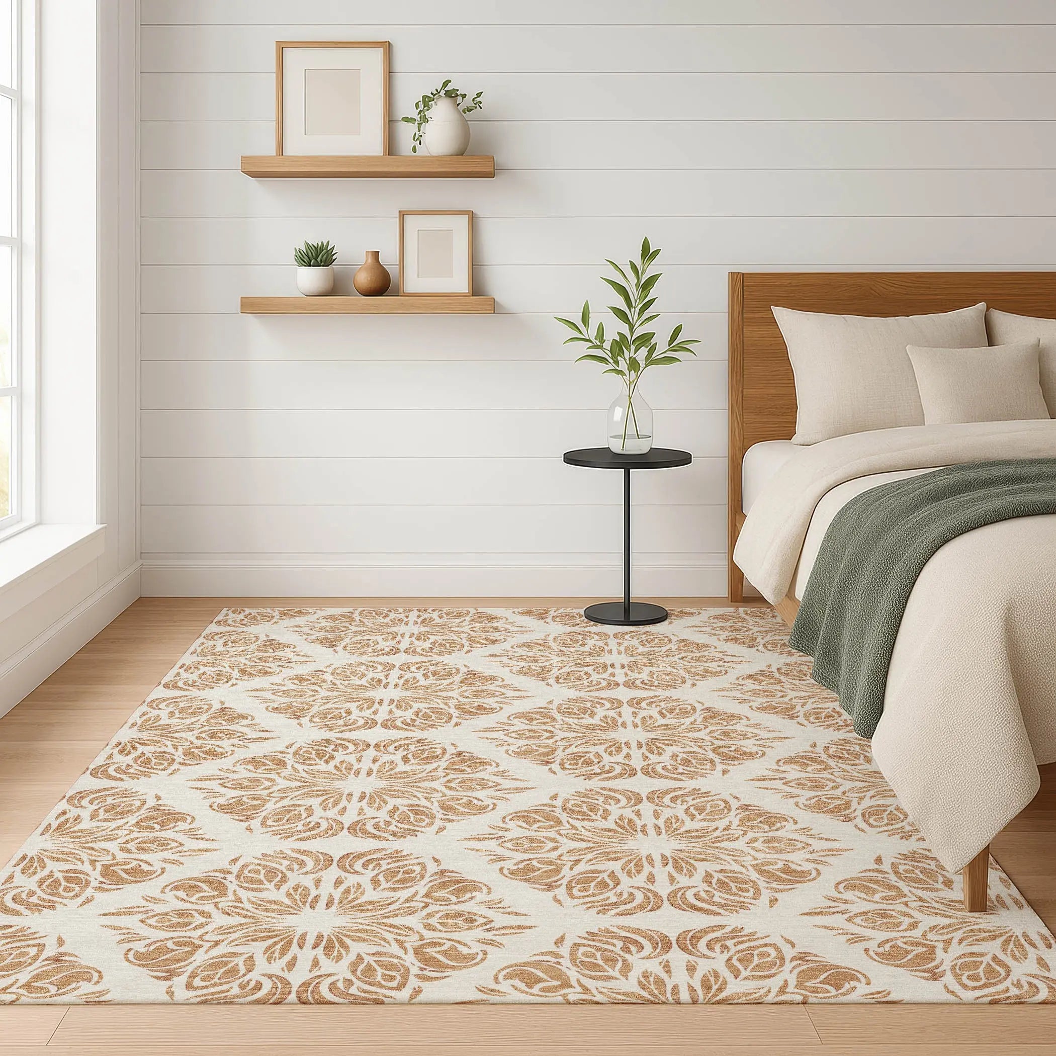 10' X 14' Copper And Ivory Damask Washable Indoor Outdoor Area Rug Homeroots Outdoor