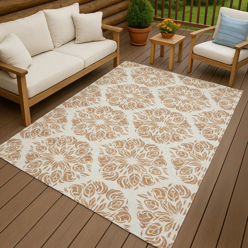 10' X 14' Copper And Ivory Damask Washable Indoor Outdoor Area Rug Homeroots Outdoor