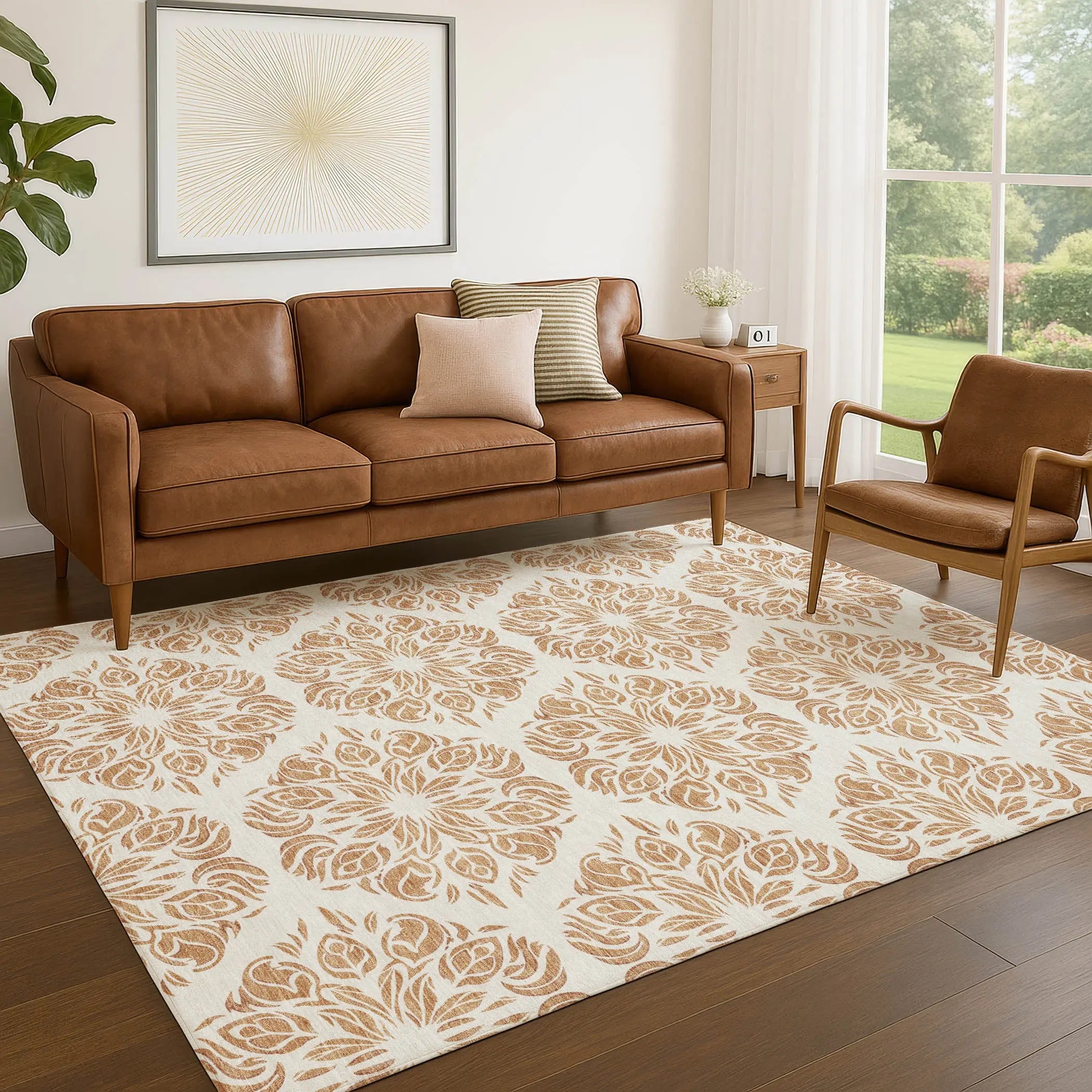 10' X 14' Copper And Ivory Damask Washable Indoor Outdoor Area Rug Homeroots Outdoor