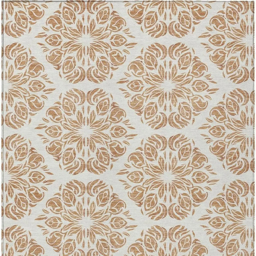 10' X 14' Copper And Ivory Damask Washable Indoor Outdoor Area Rug Homeroots Outdoor