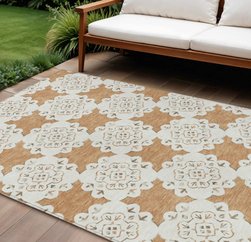10' X 14' Copper And Ivory Quatrefoil Washable Indoor Outdoor Area Rug - GreatEagleInc
