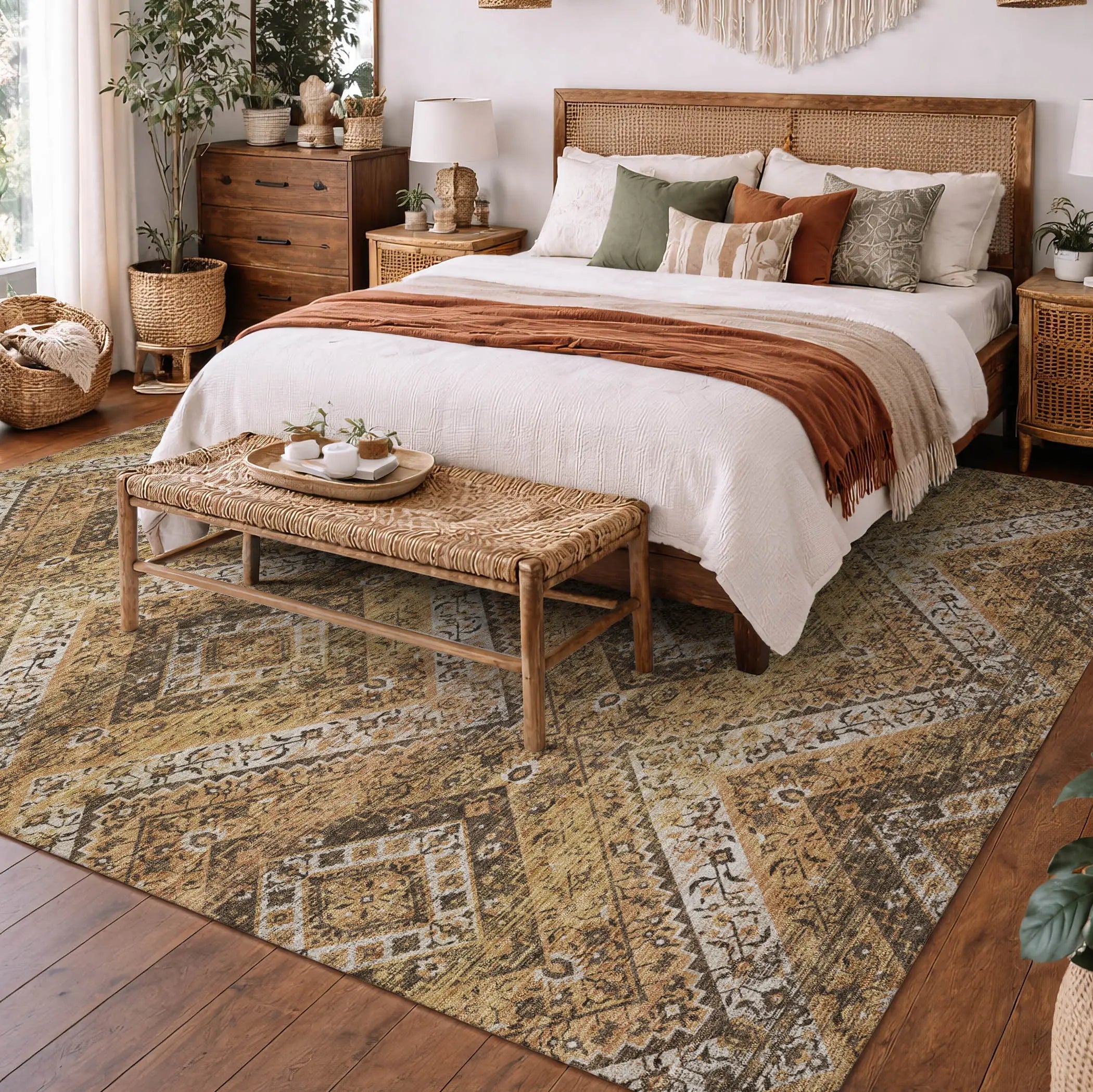10' X 14' Copper And Khaki Tribal Washable Indoor Outdoor Area Rug Homeroots Outdoor
