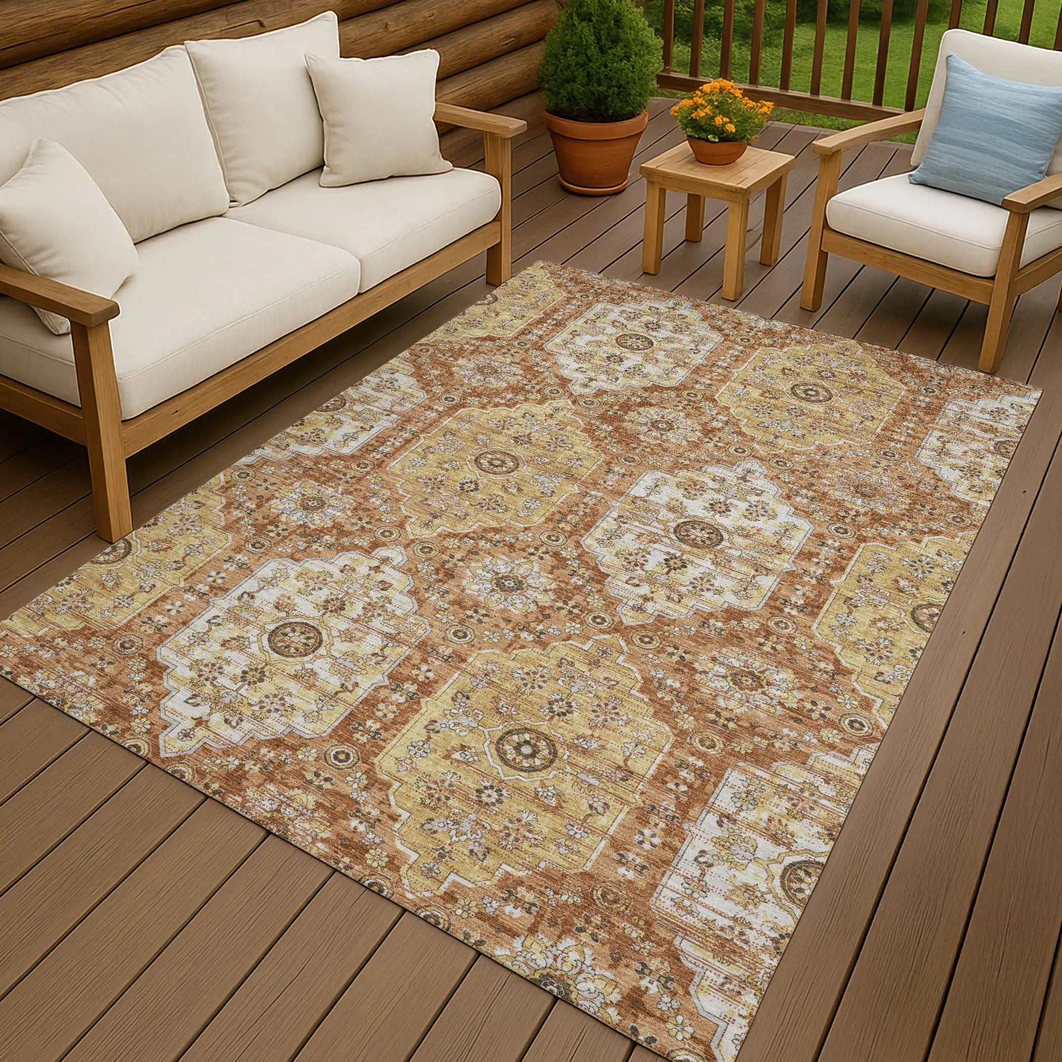 10' X 14' Copper And Orange Damask Washable Indoor Outdoor Area Rug Homeroots Outdoor