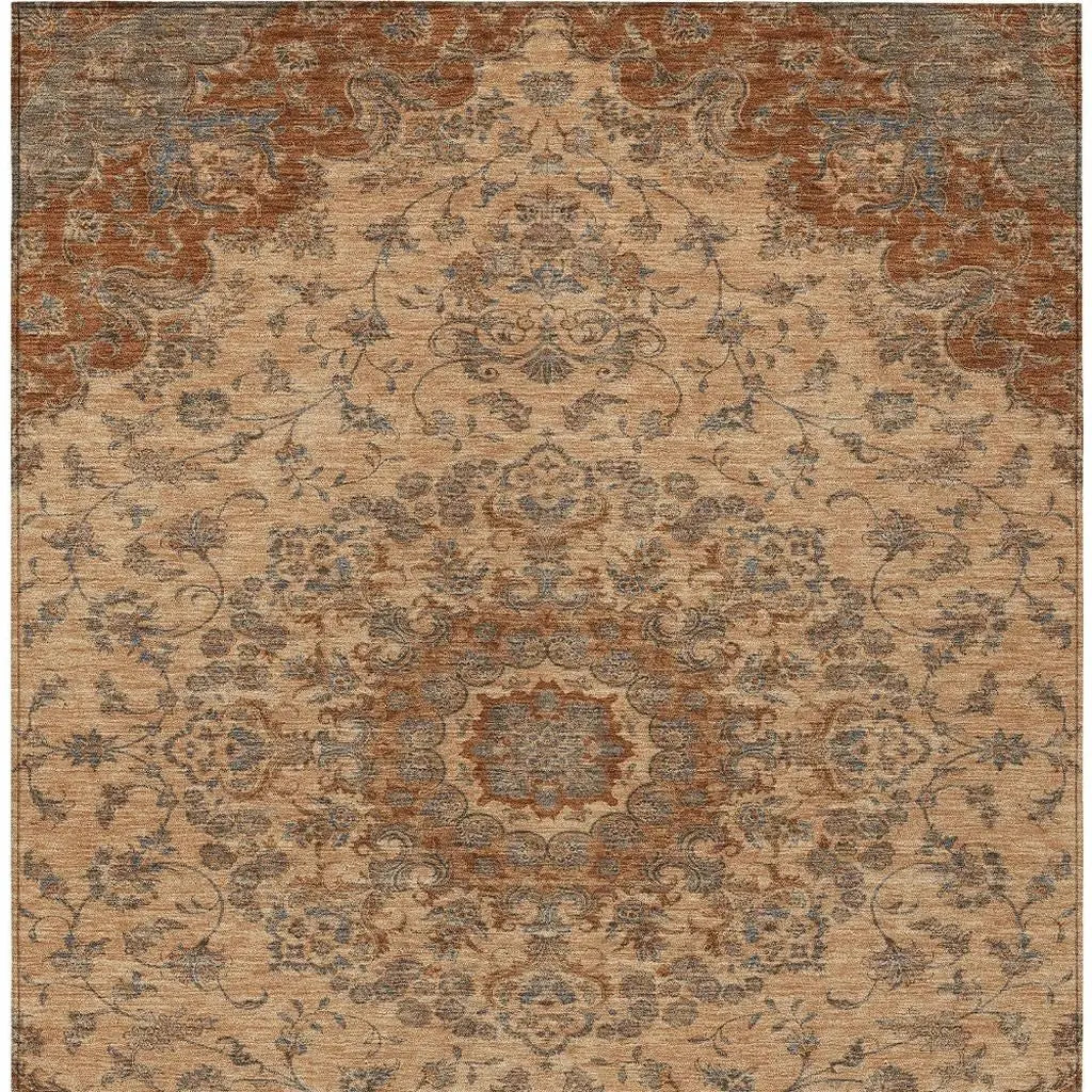 10' X 14' Copper And Orange Floral Medallion Washable Indoor Outdoor Area Rug Homeroots Outdoor