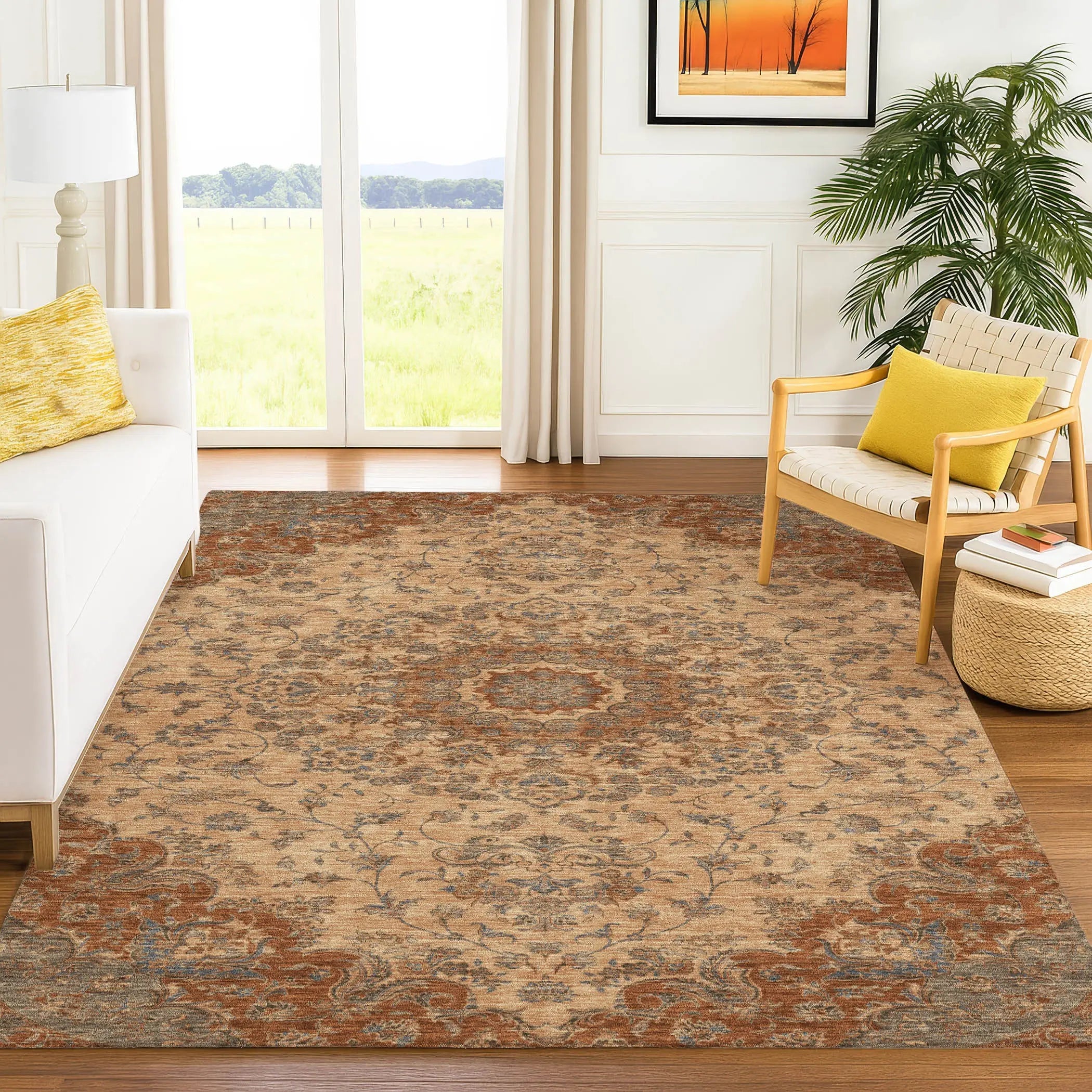 10' X 14' Copper And Orange Floral Medallion Washable Indoor Outdoor Area Rug Homeroots Outdoor