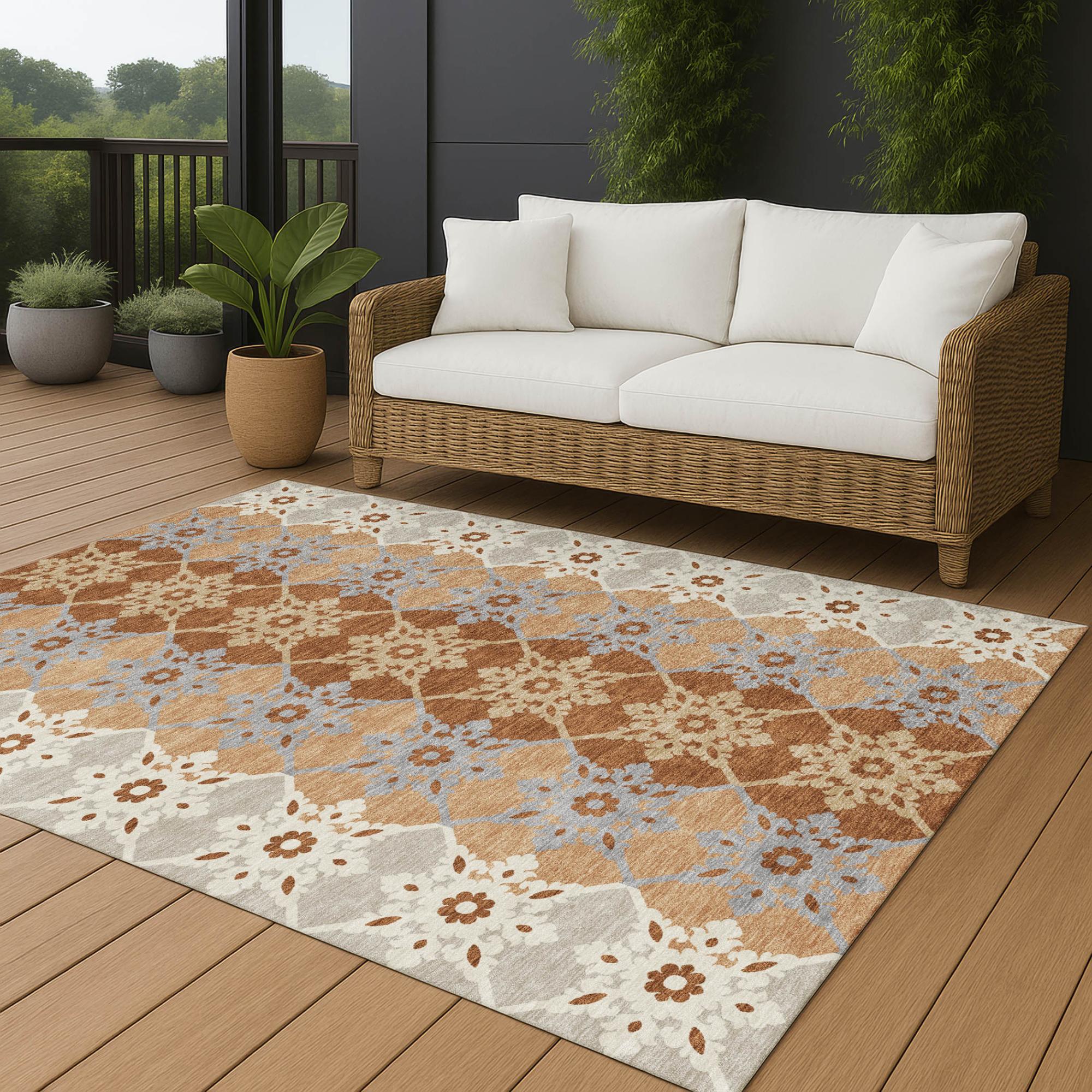 10' X 14' Copper And Orange Floral Medallion Washable Indoor Outdoor Area Rug Homeroots Outdoor