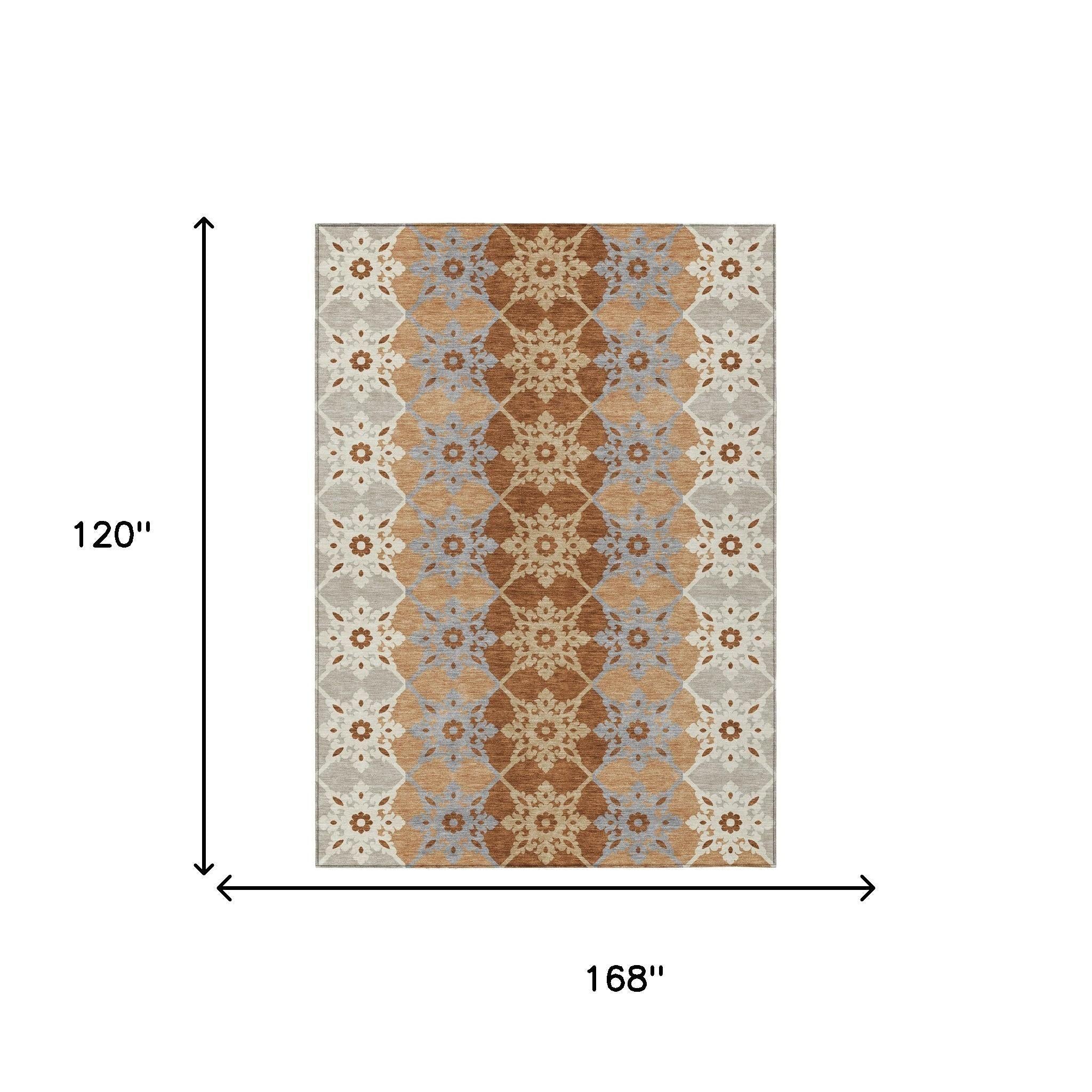10' X 14' Copper And Orange Floral Medallion Washable Indoor Outdoor Area Rug Homeroots Outdoor