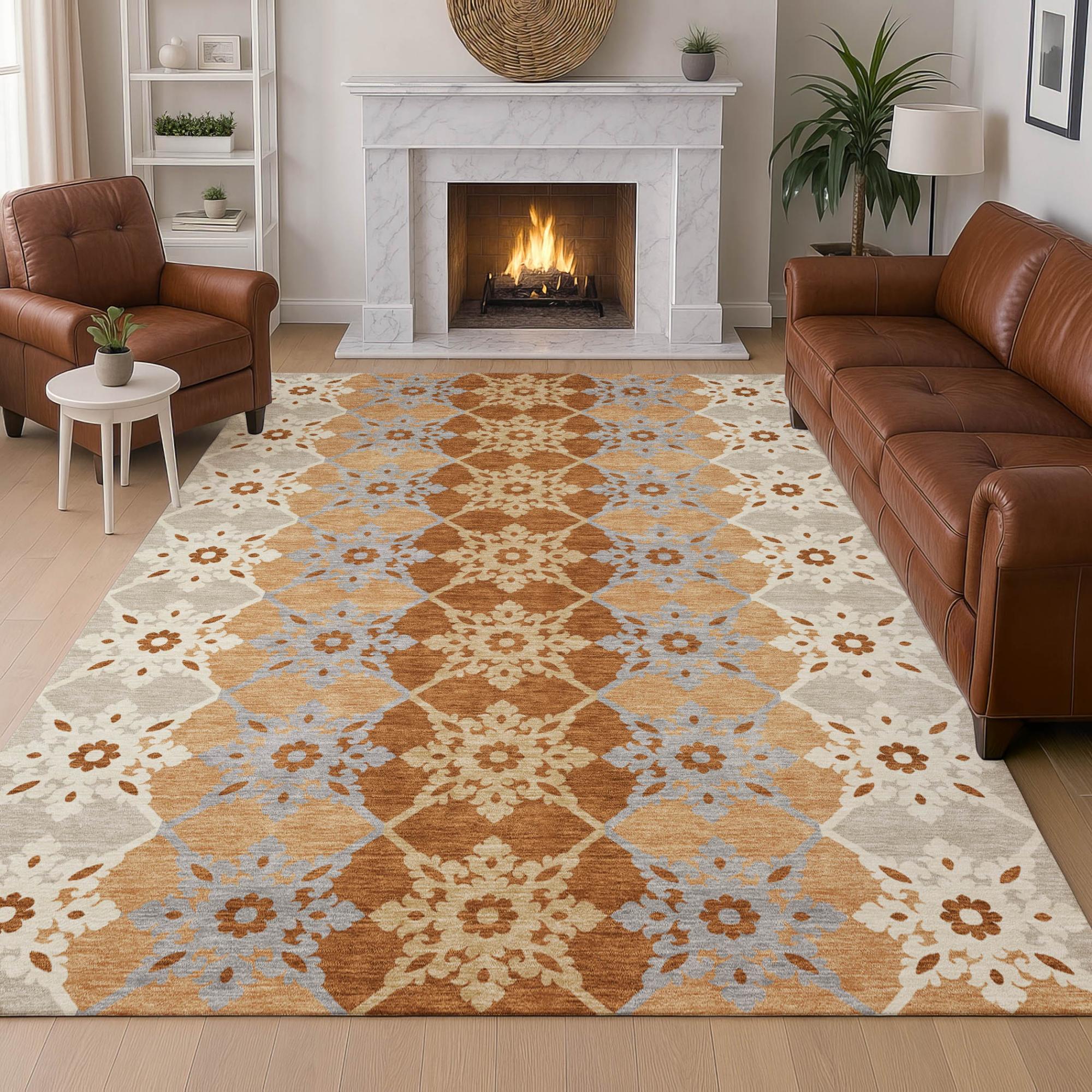 10' X 14' Copper And Orange Floral Medallion Washable Indoor Outdoor Area Rug Homeroots Outdoor