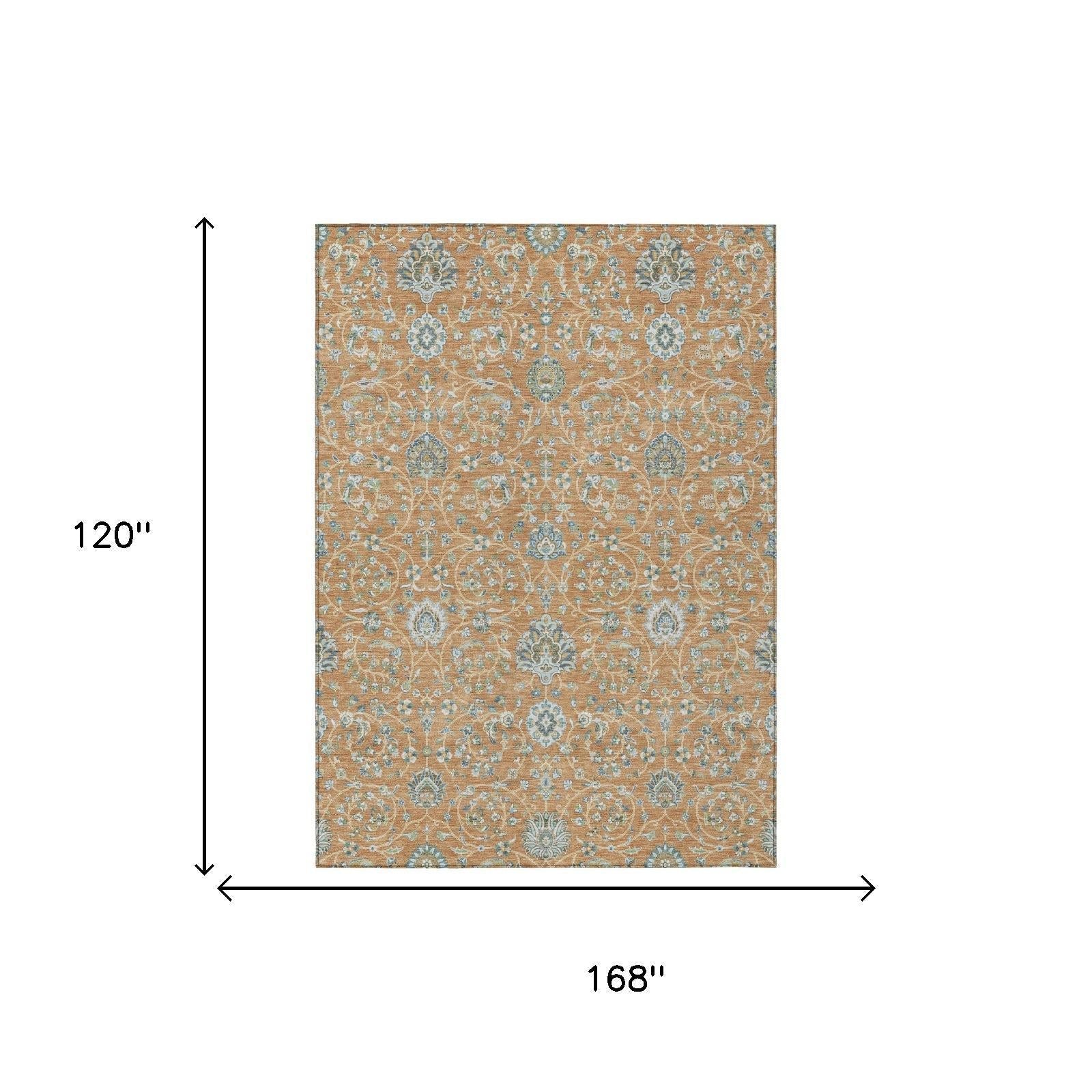 10' X 14' Copper And Orange Floral Washable Indoor Outdoor Area Rug Homeroots Outdoor
