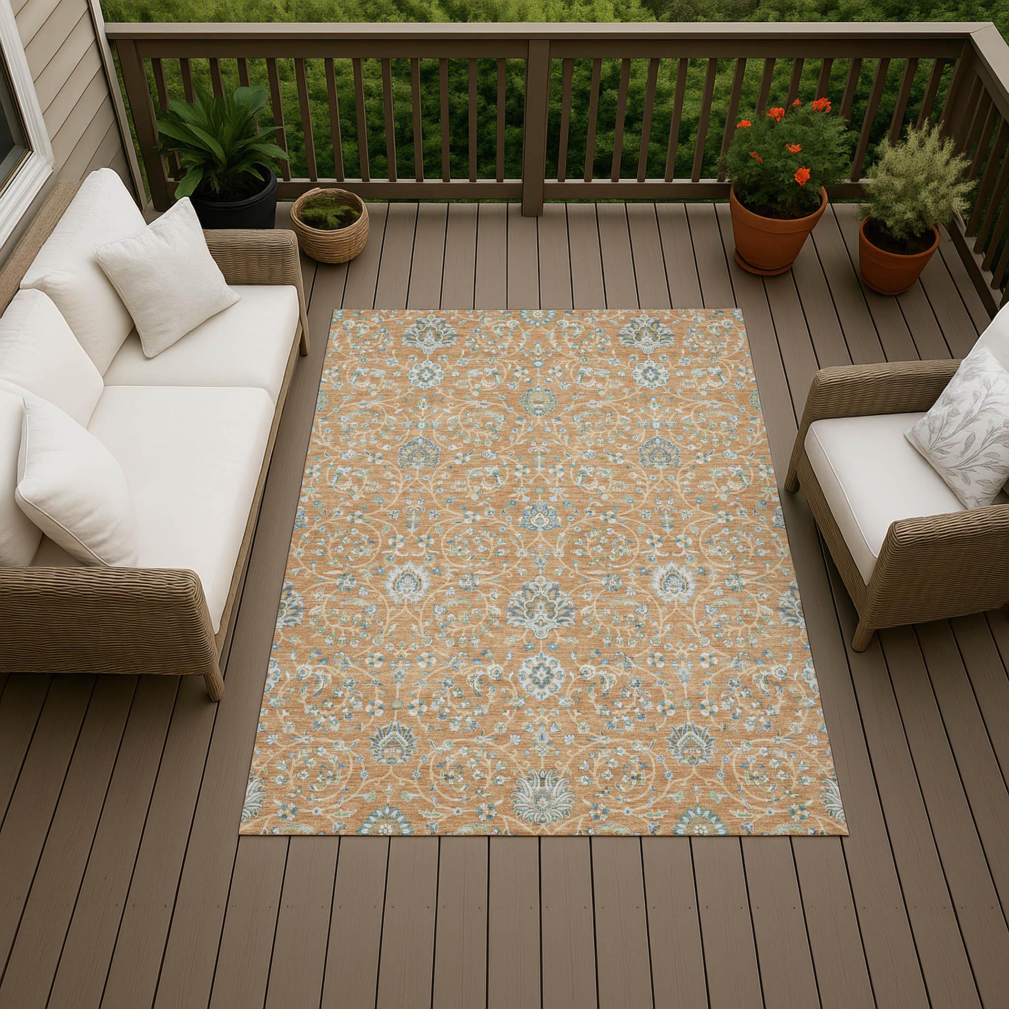 10' X 14' Copper And Orange Floral Washable Indoor Outdoor Area Rug Homeroots Outdoor