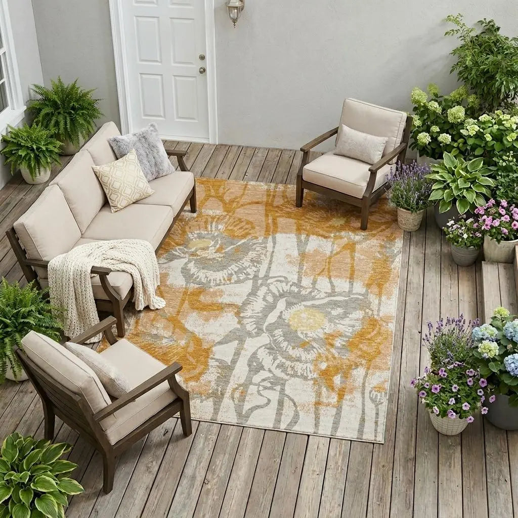 10' X 14' Copper And Orange Floral Washable Indoor Outdoor Area Rug Homeroots Outdoor