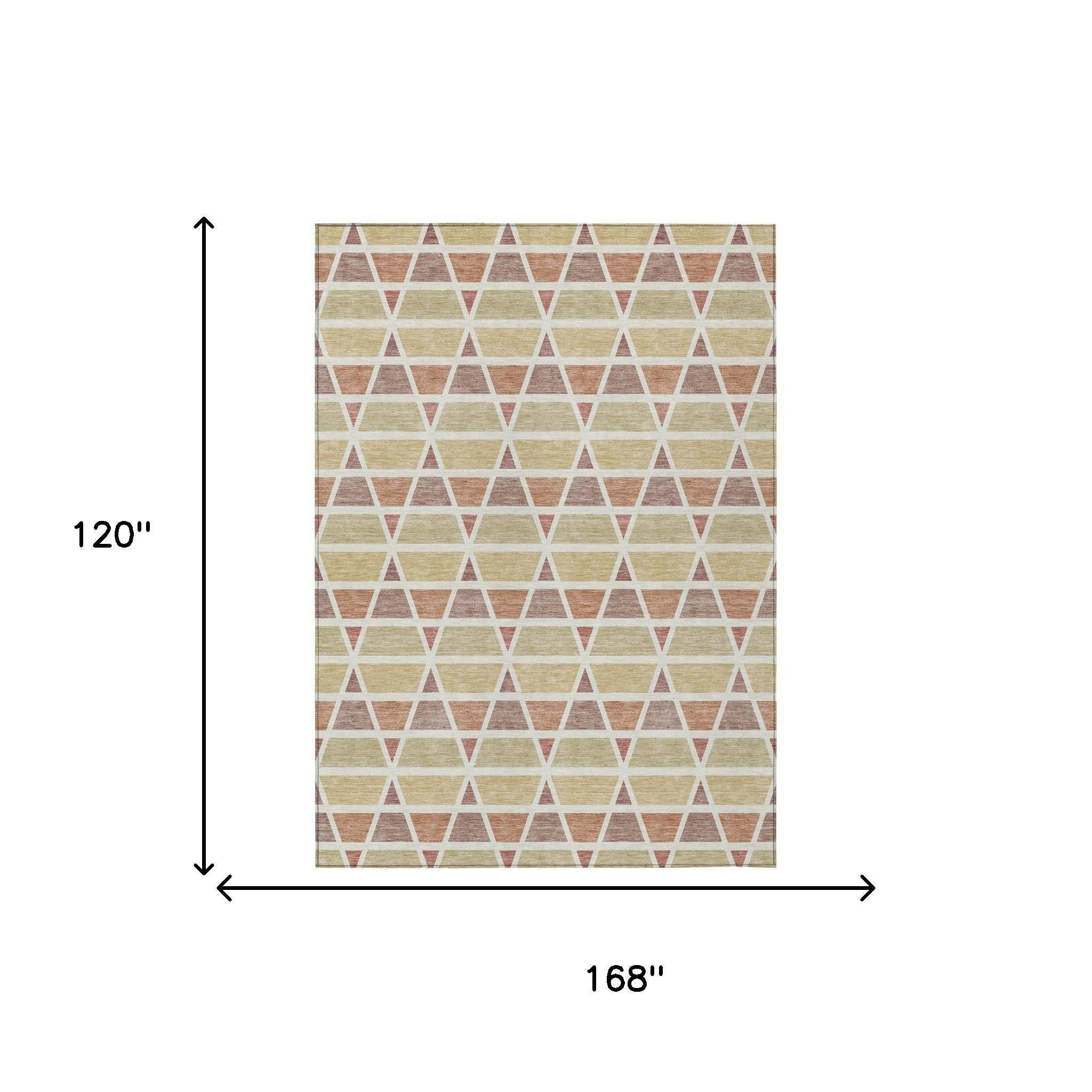 Beige triangle patterned area rug, 14x12 feet, featuring earthy tones and modern geometric design.