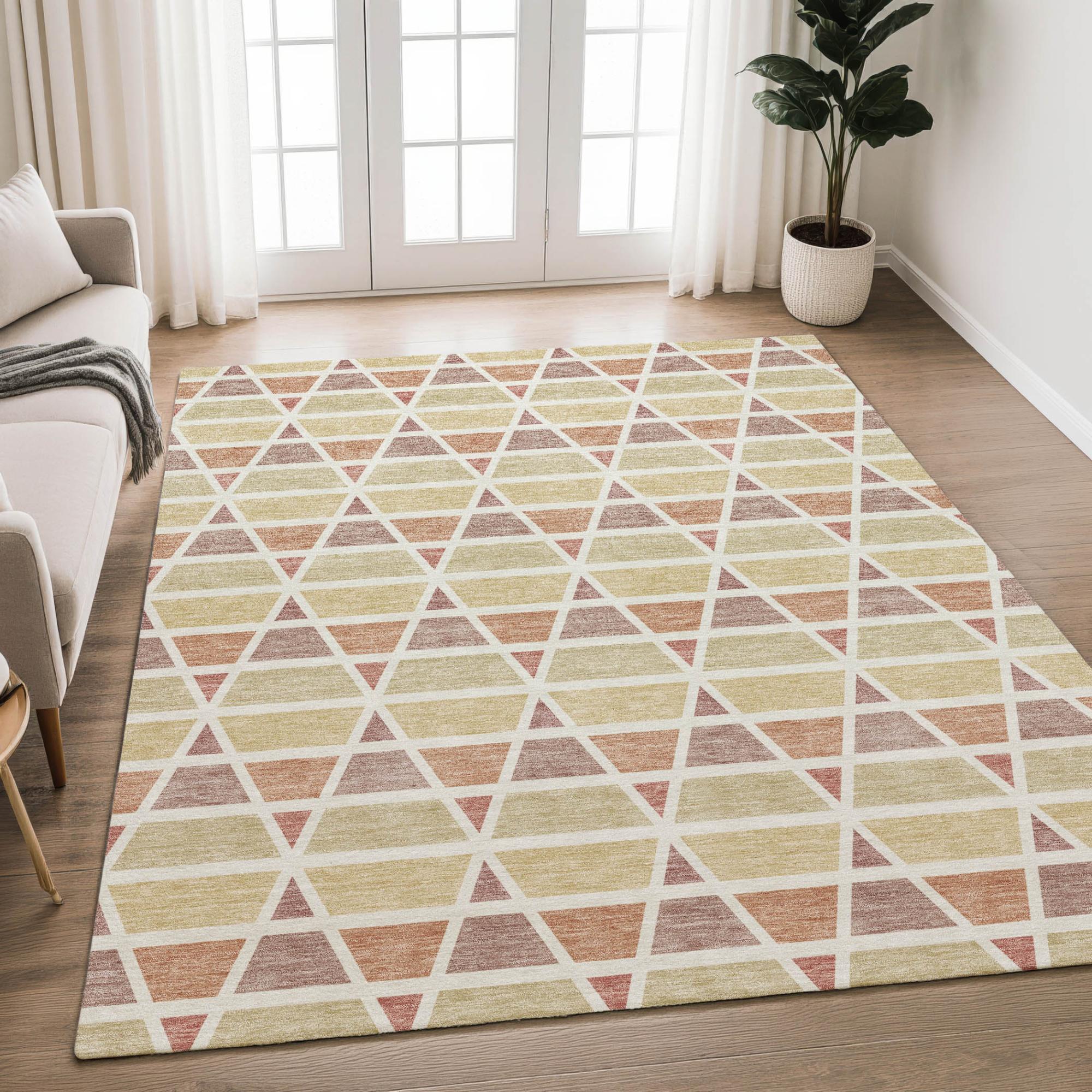 Geometric area rug in beige, olive, and terracotta with a diamond pattern, perfect for modern living spaces.