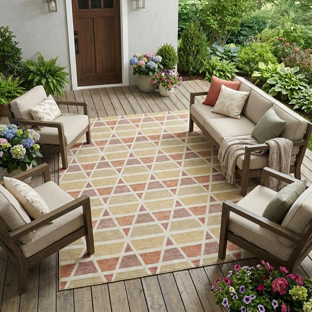 Beige geometric pattern outdoor rug with orange and yellow accents, perfect for patio or deck seating arrangements.