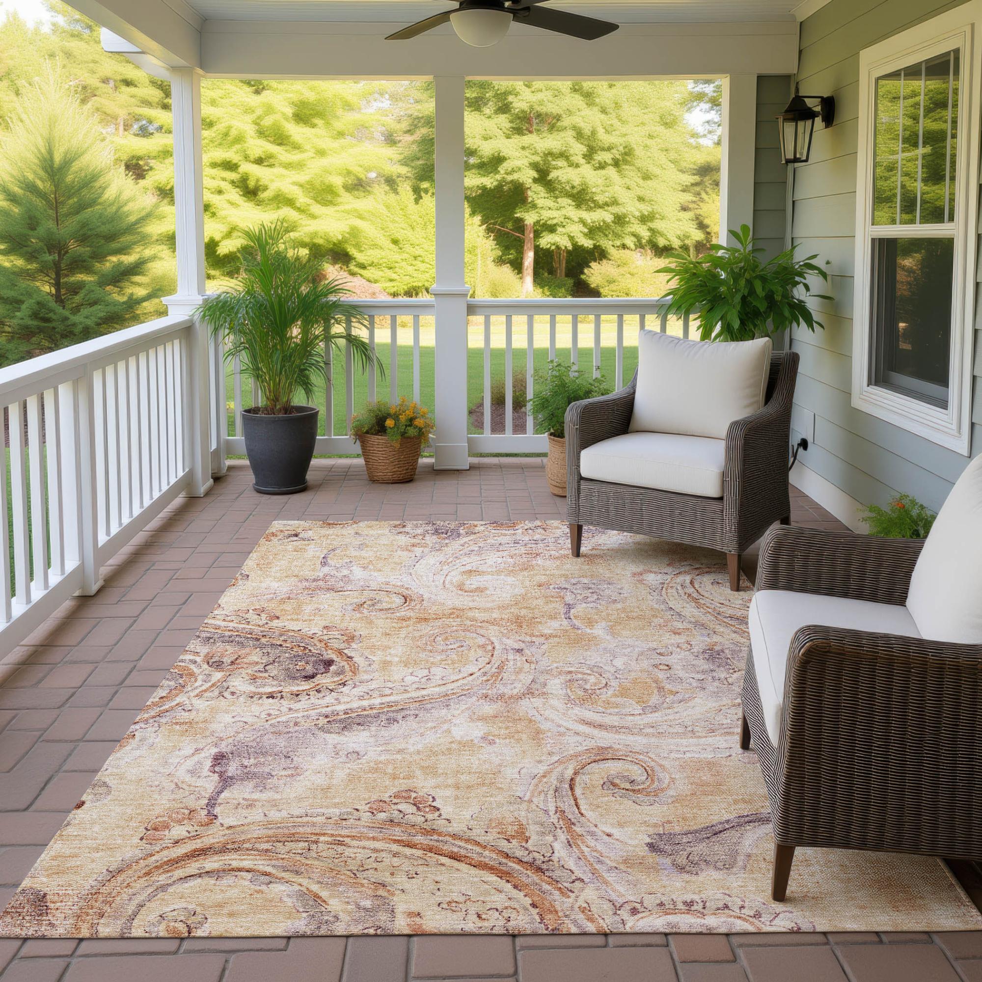 10' X 14' Copper And Orange Paisley Washable Indoor Outdoor Area Rug Homeroots Outdoor