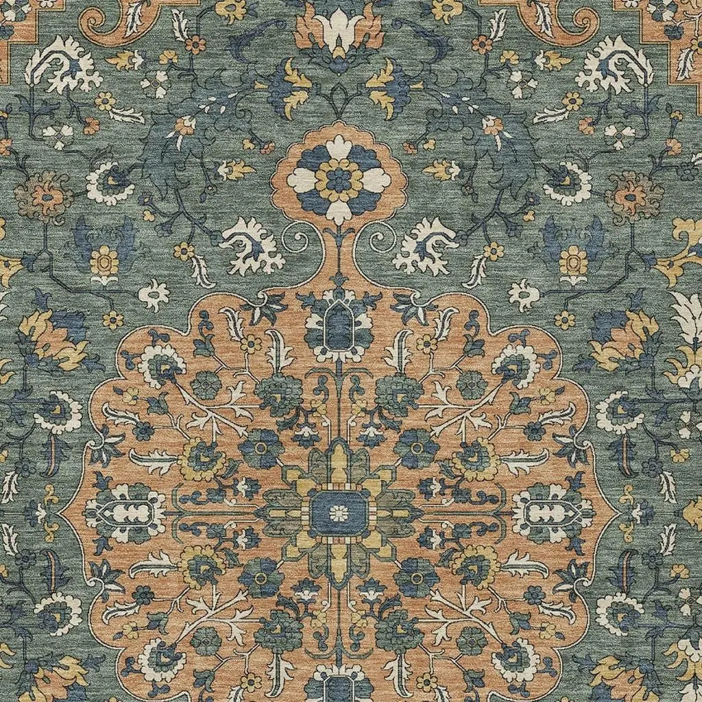 10' X 14' Copper And Sage Floral Medallion Washable Indoor Outdoor Area Rug Homeroots Outdoor