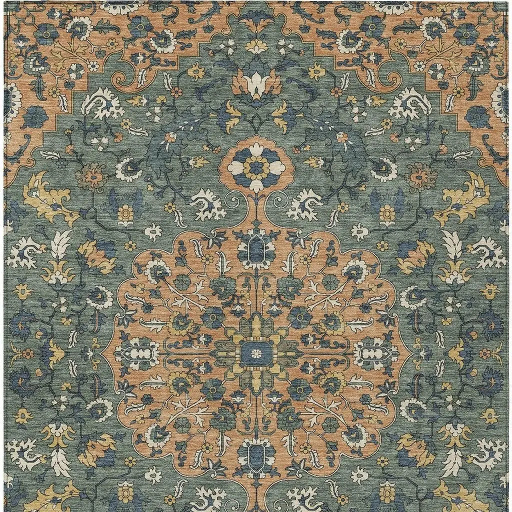 10' X 14' Copper And Sage Floral Medallion Washable Indoor Outdoor Area Rug Homeroots Outdoor